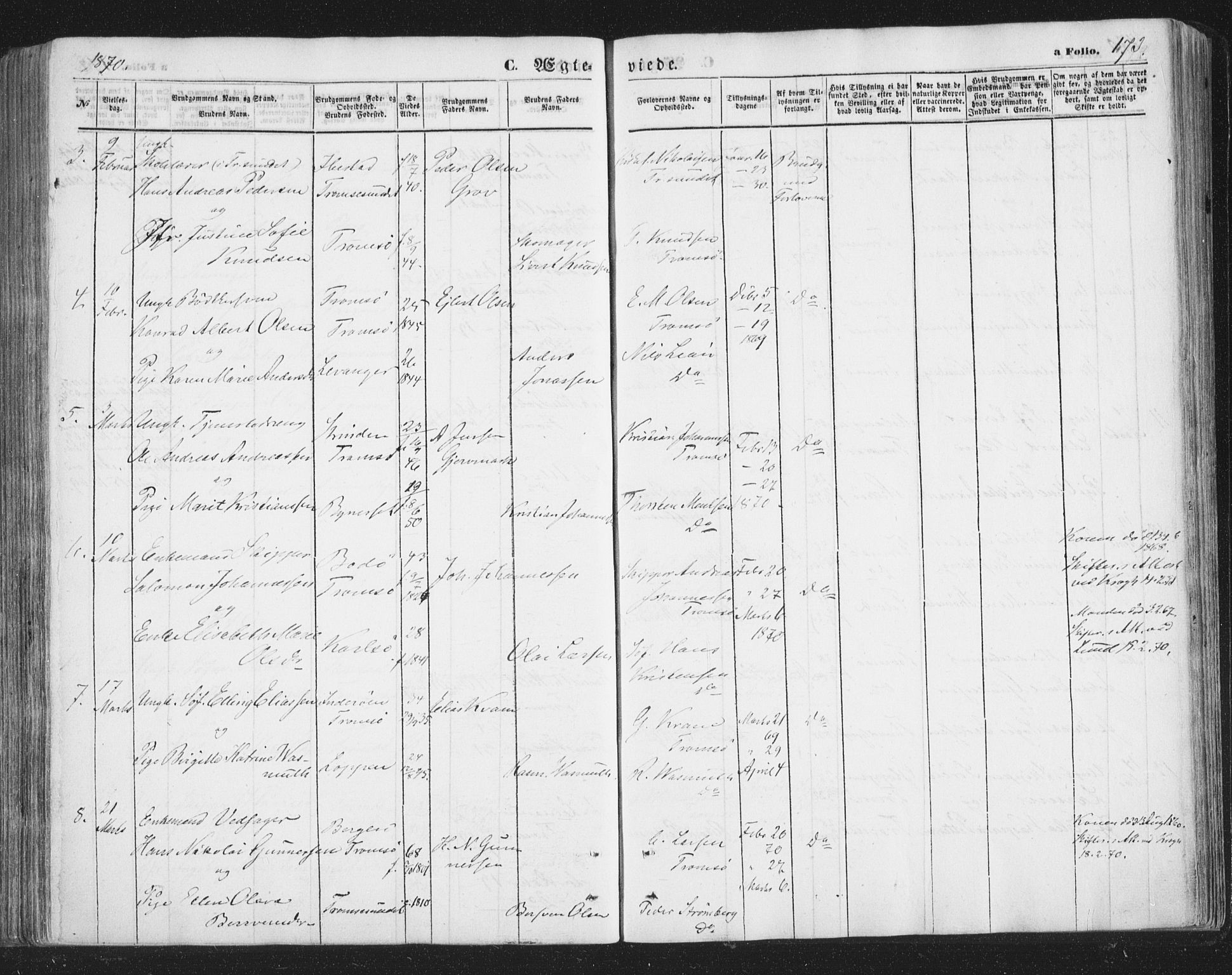 Tromsø sokneprestkontor/stiftsprosti/domprosti, AV/SATØ-S-1343/G/Ga/L0012kirke: Parish register (official) no. 12, 1865-1871, p. 173