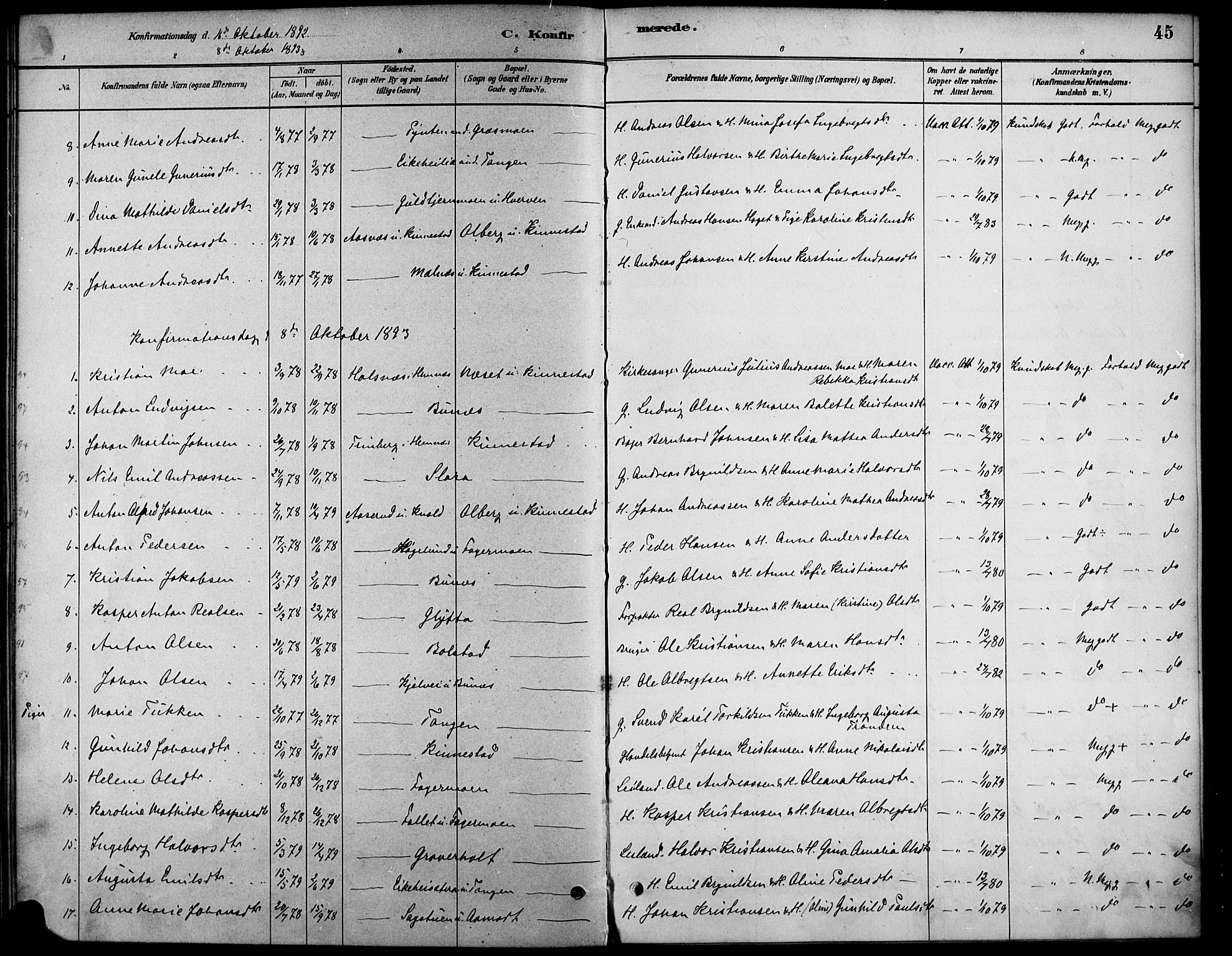 Høland prestekontor Kirkebøker, SAO/A-10346a/F/Fc/L0001: Parish register (official) no. III 1, 1880-1897, p. 45