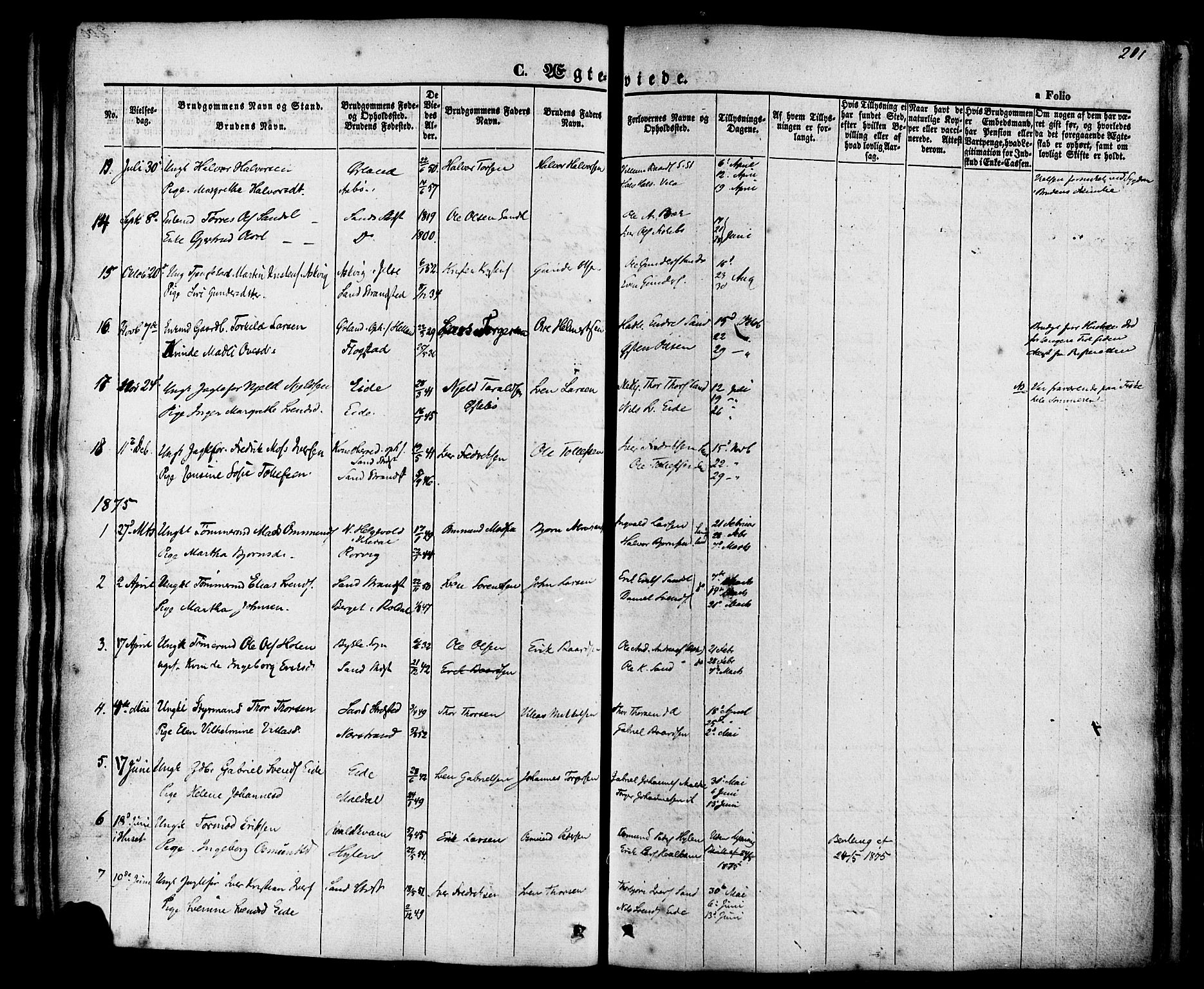 Sand sokneprestkontor, AV/SAST-A-101848/01/III/L0003: Parish register (official) no. A 3, 1854-1879, p. 201