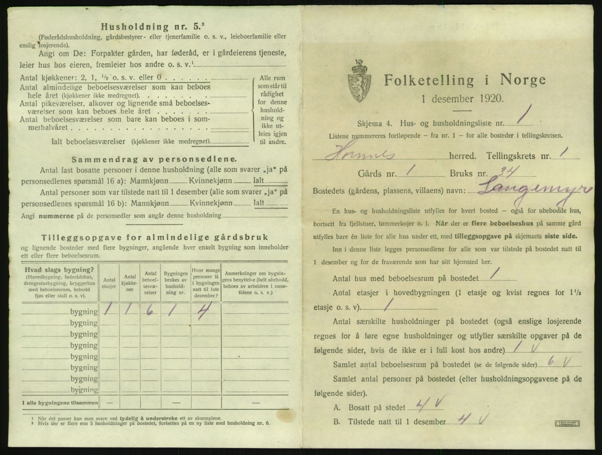 SAK, 1920 census for Hornnes, 1920, p. 57