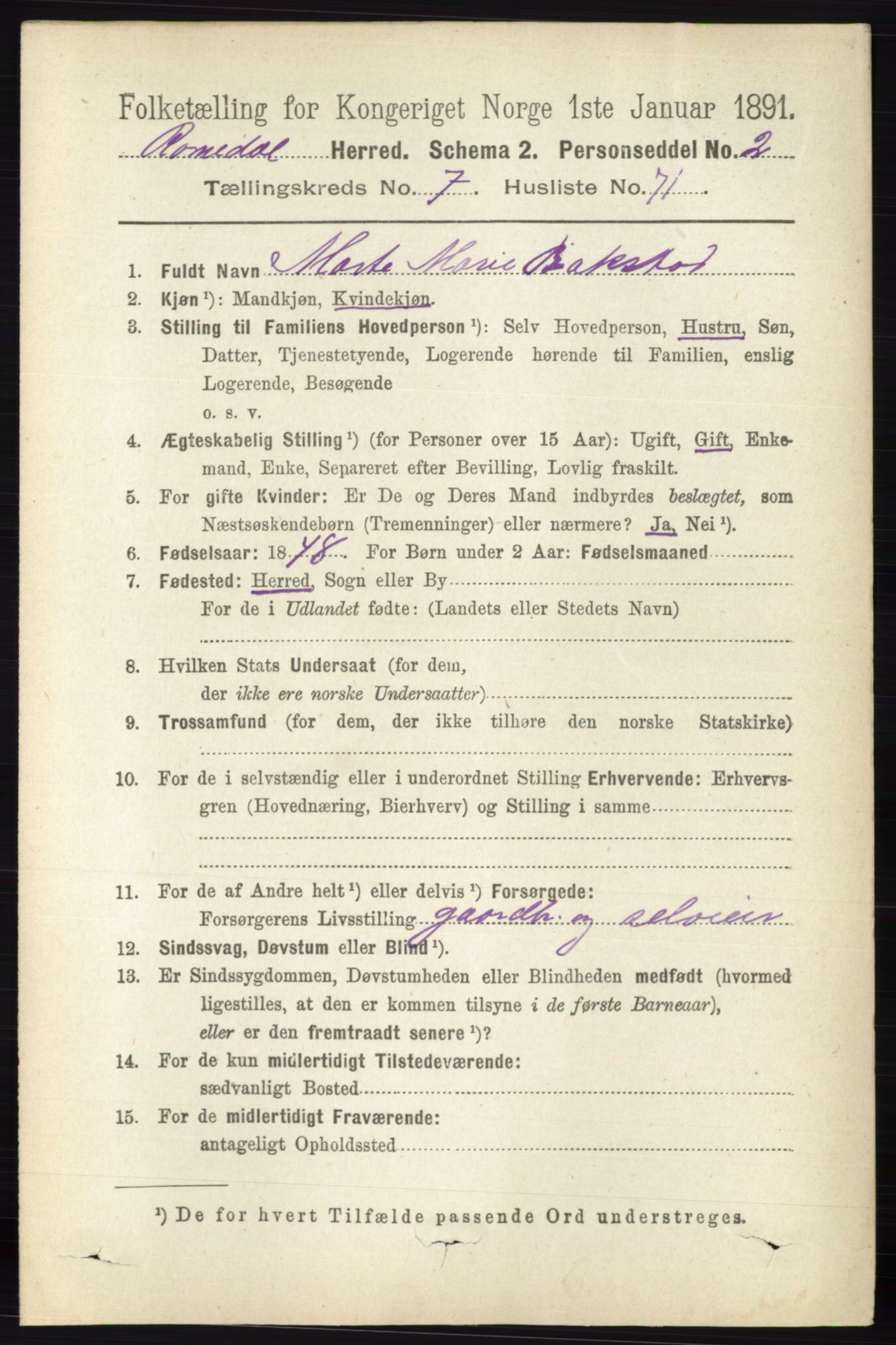 RA, 1891 census for 0416 Romedal, 1891, p. 3898