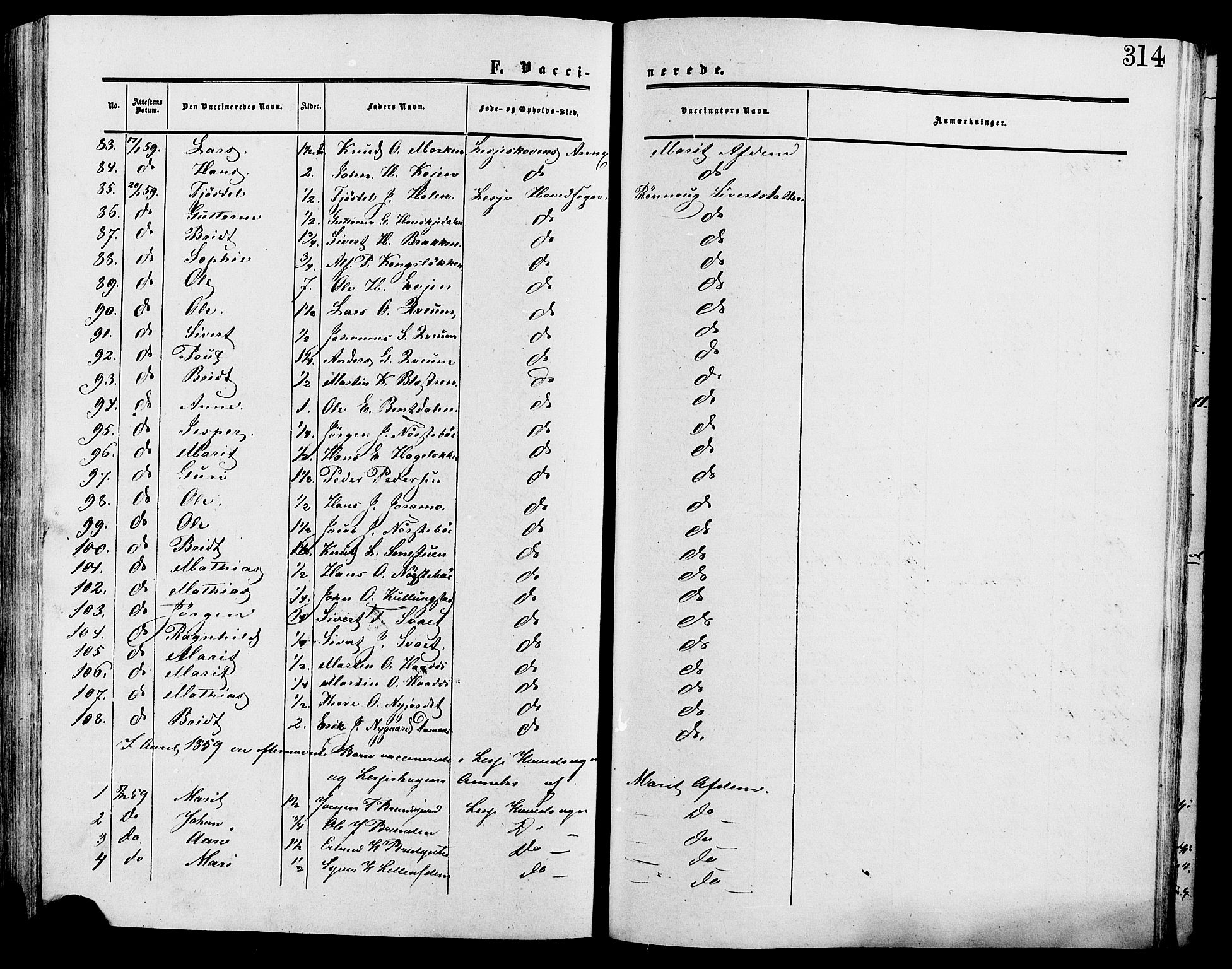 Lesja prestekontor, SAH/PREST-068/H/Ha/Haa/L0009: Parish register (official) no. 9, 1854-1889, p. 314
