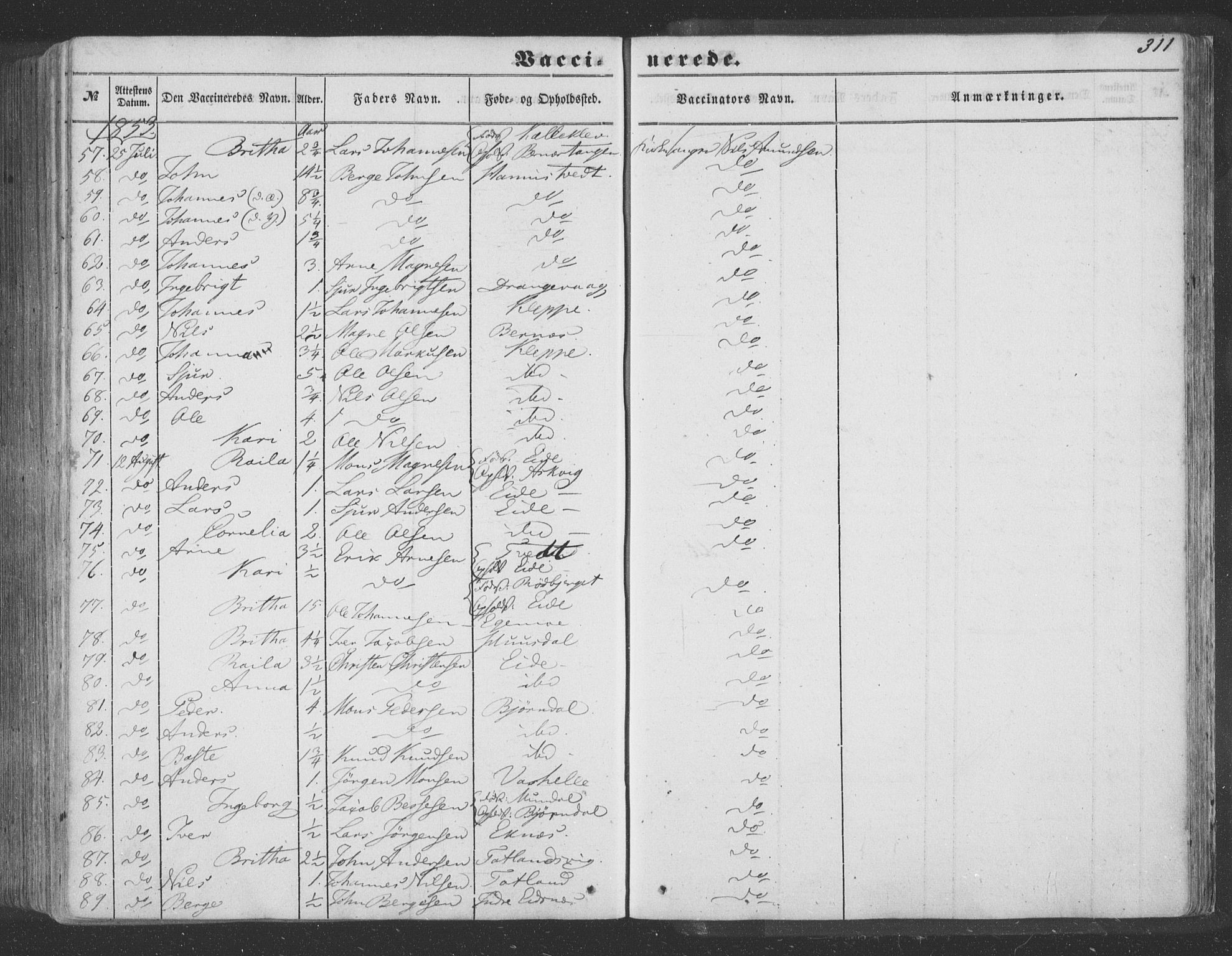 Hosanger sokneprestembete, SAB/A-75801/H/Haa: Parish register (official) no. A 8, 1849-1863, p. 311