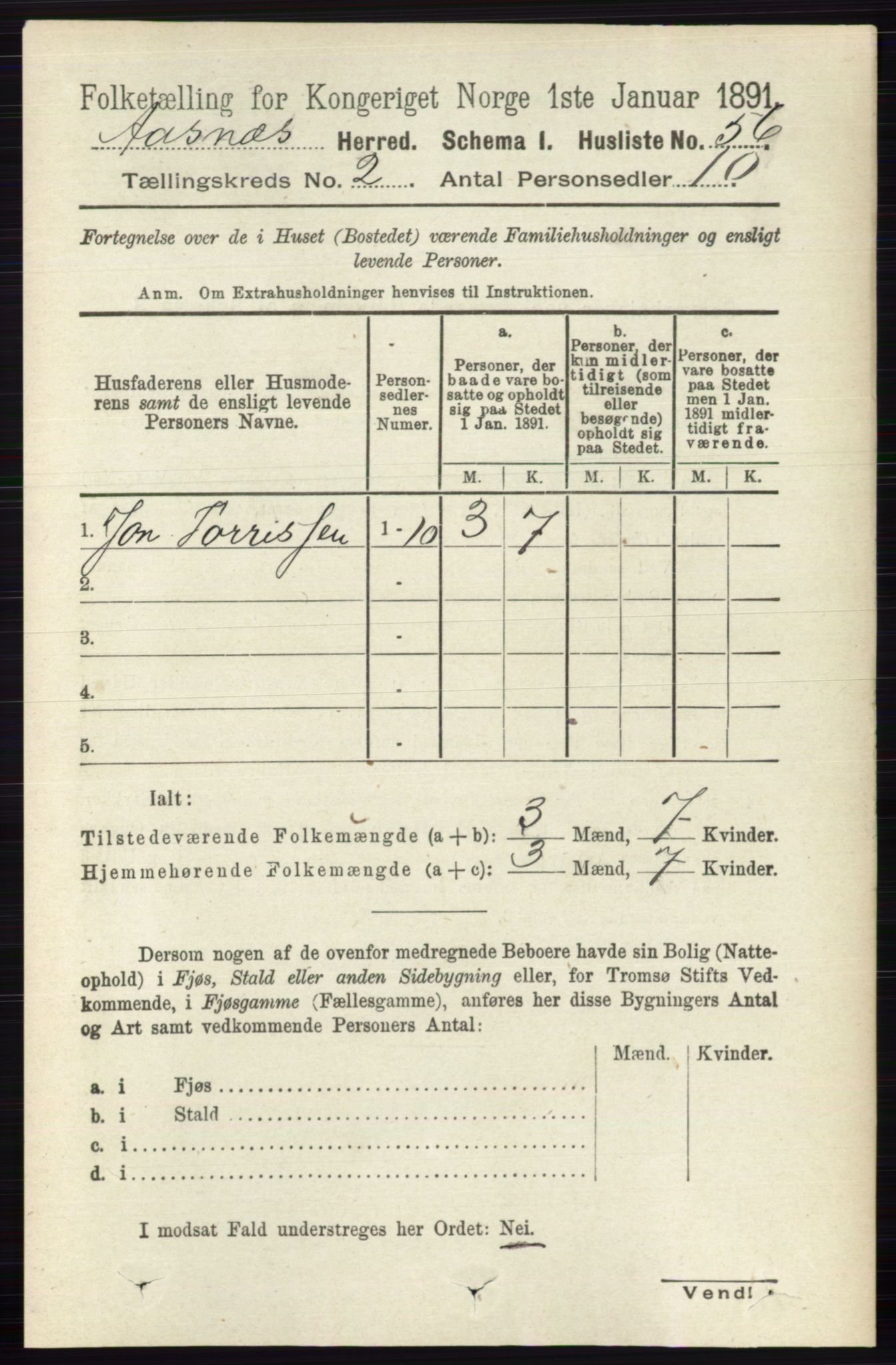 RA, 1891 census for 0425 Åsnes, 1891, p. 634