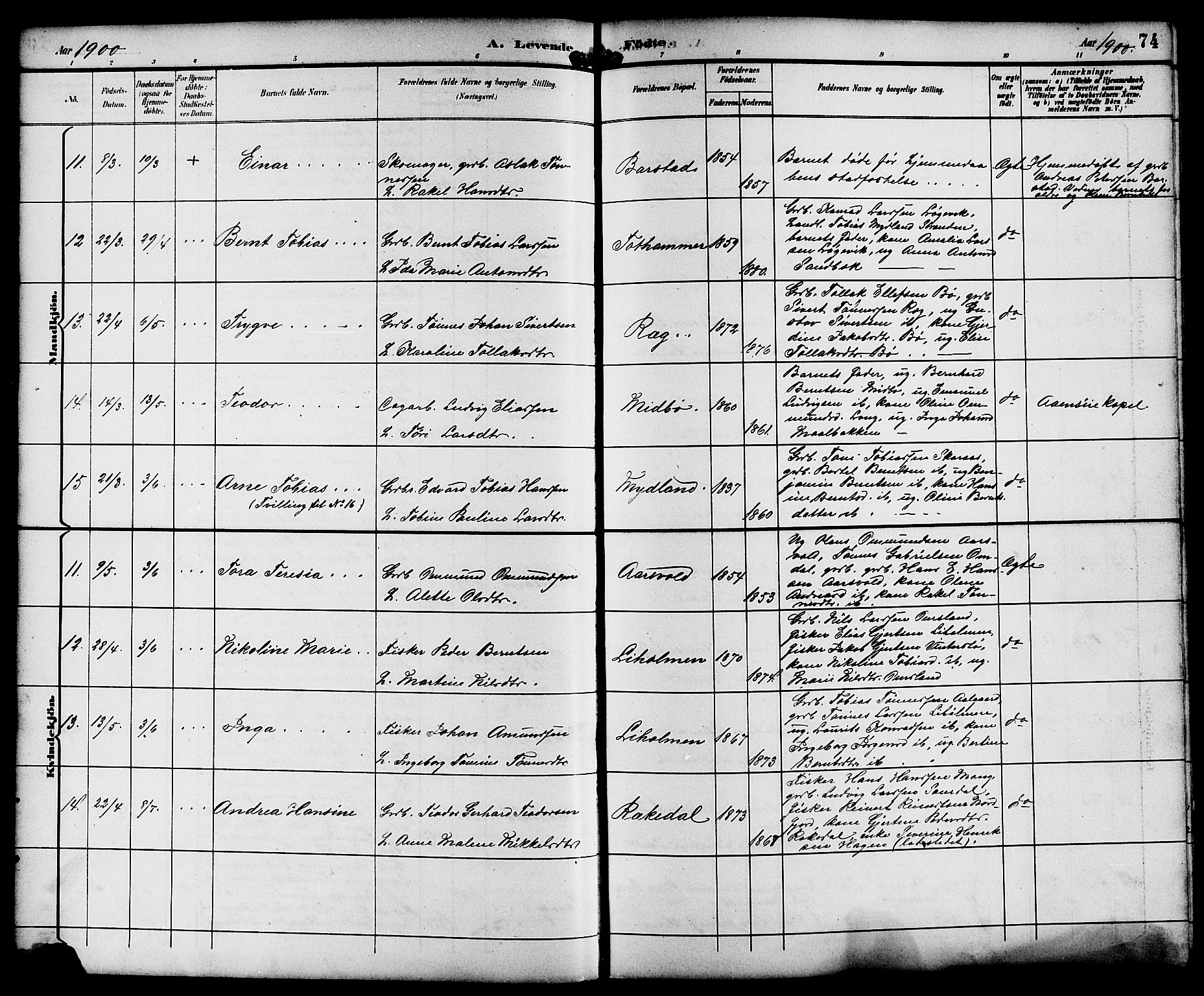 Sokndal sokneprestkontor, AV/SAST-A-101808: Parish register (copy) no. B 6, 1892-1907, p. 74