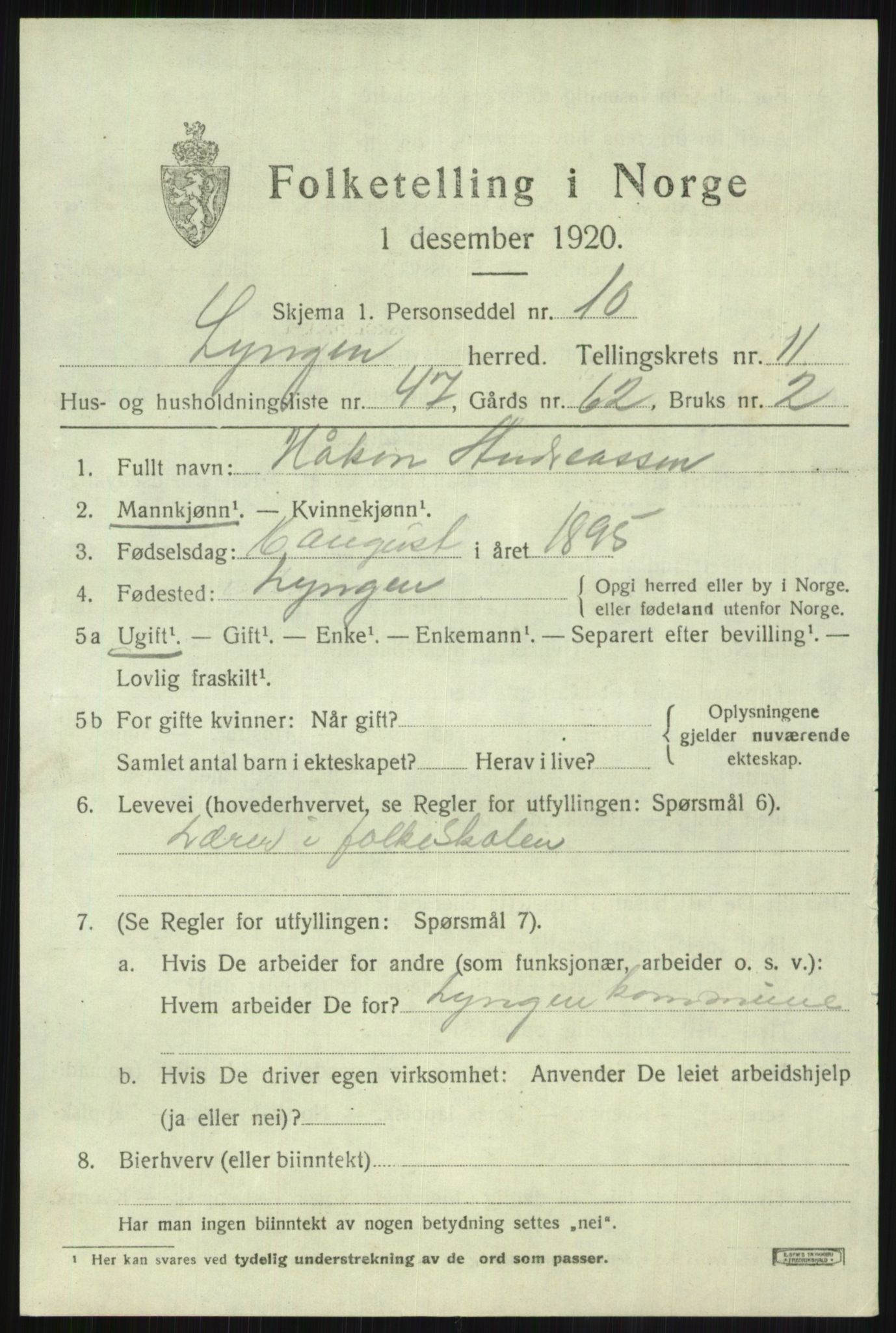 SATØ, 1920 census for Lyngen, 1920, p. 8985