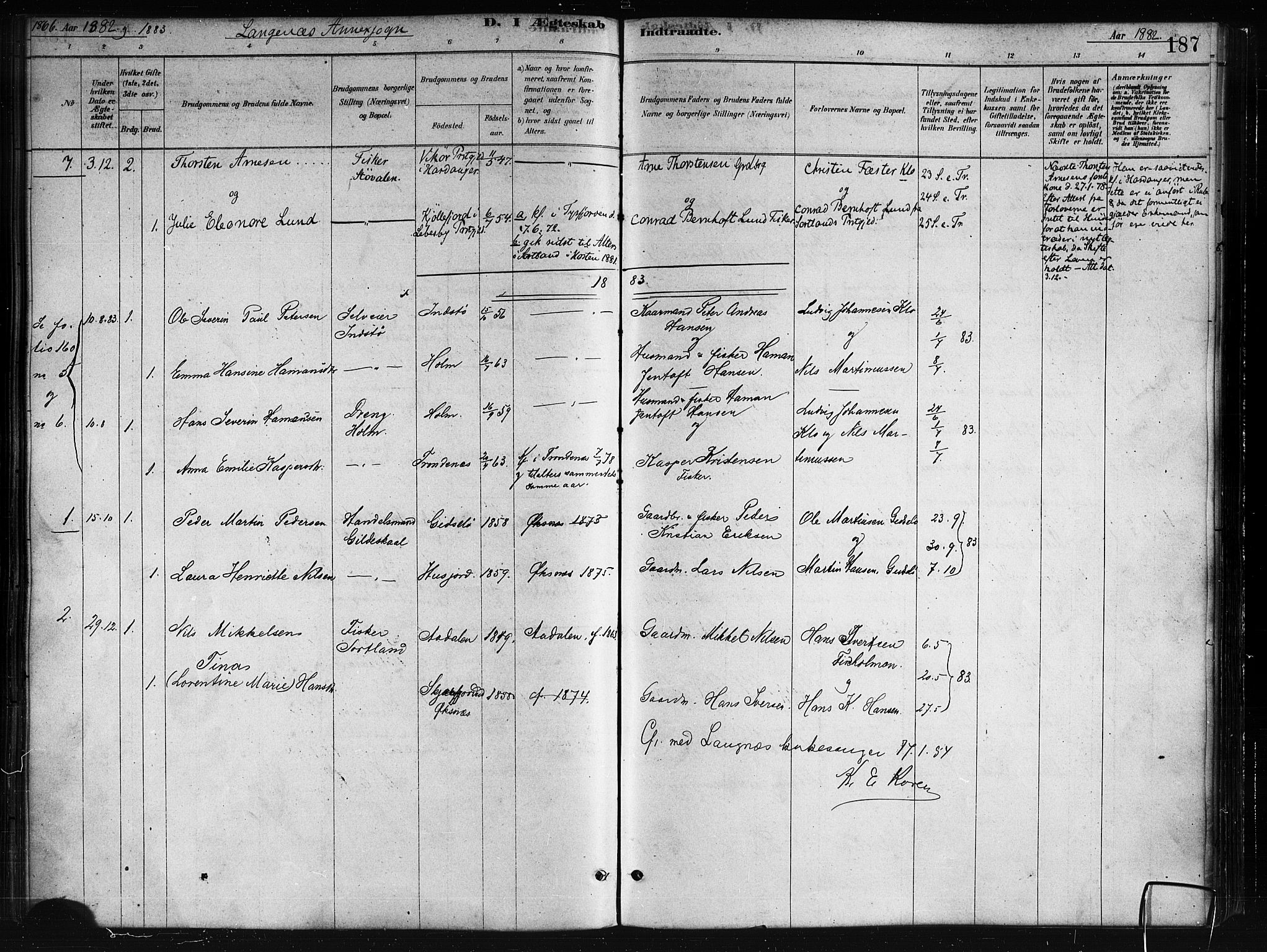 Ministerialprotokoller, klokkerbøker og fødselsregistre - Nordland, AV/SAT-A-1459/893/L1335: Parish register (official) no. 893A08 /2, 1878-1884, p. 187