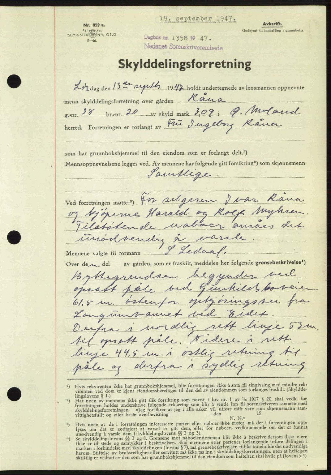 Nedenes sorenskriveri, AV/SAK-1221-0006/G/Gb/Gba/L0058: Mortgage book no. A10, 1947-1948, Diary no: : 1358/1947