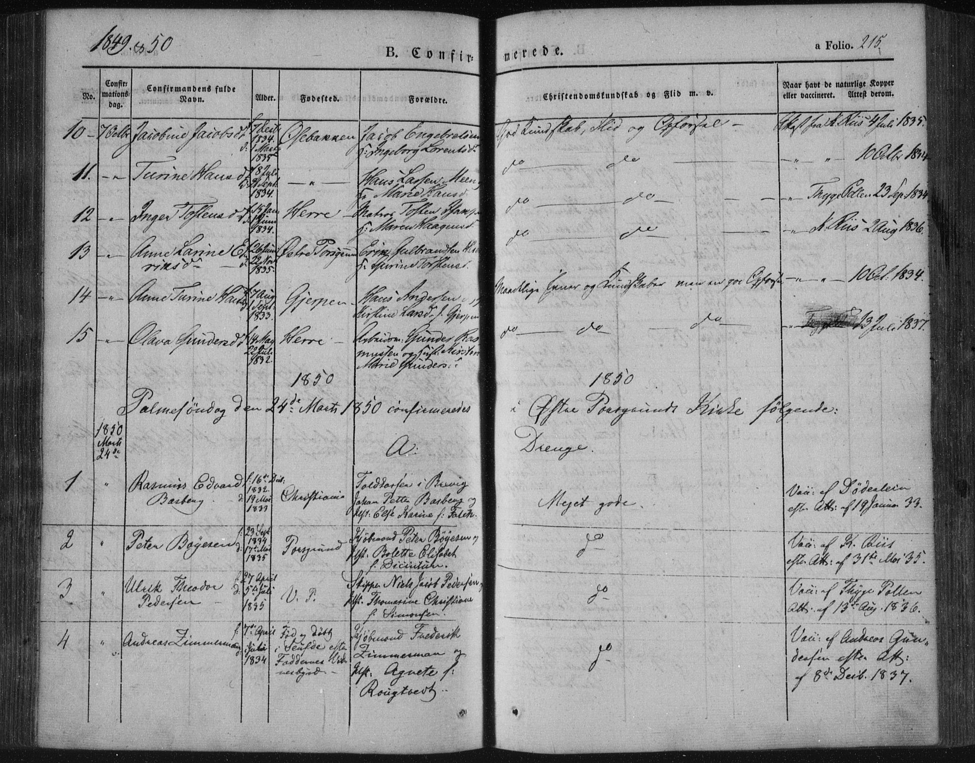 Porsgrunn kirkebøker , SAKO/A-104/F/Fa/L0006: Parish register (official) no. 6, 1841-1857, p. 215
