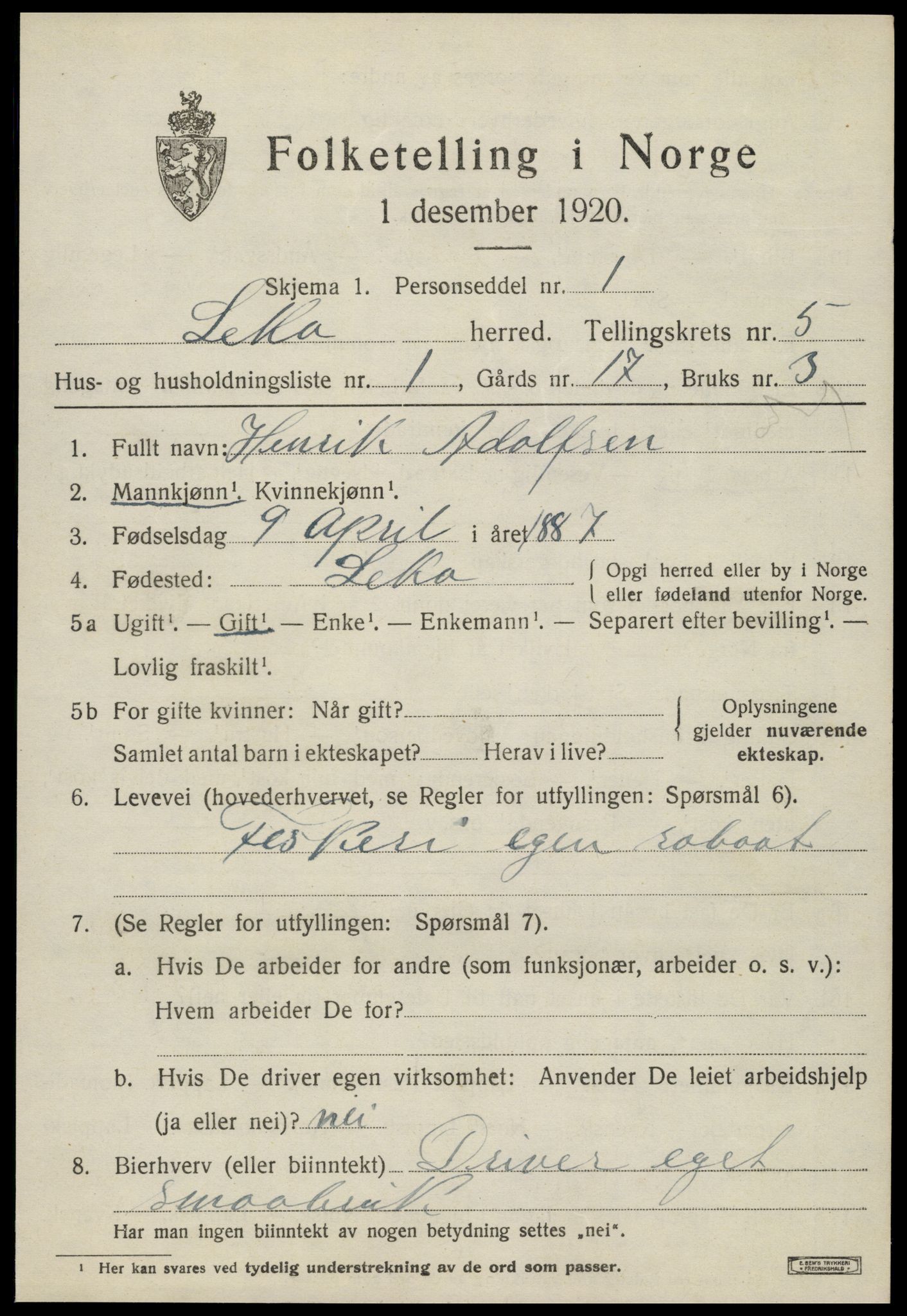 SAT, 1920 census for Leka, 1920, p. 2117