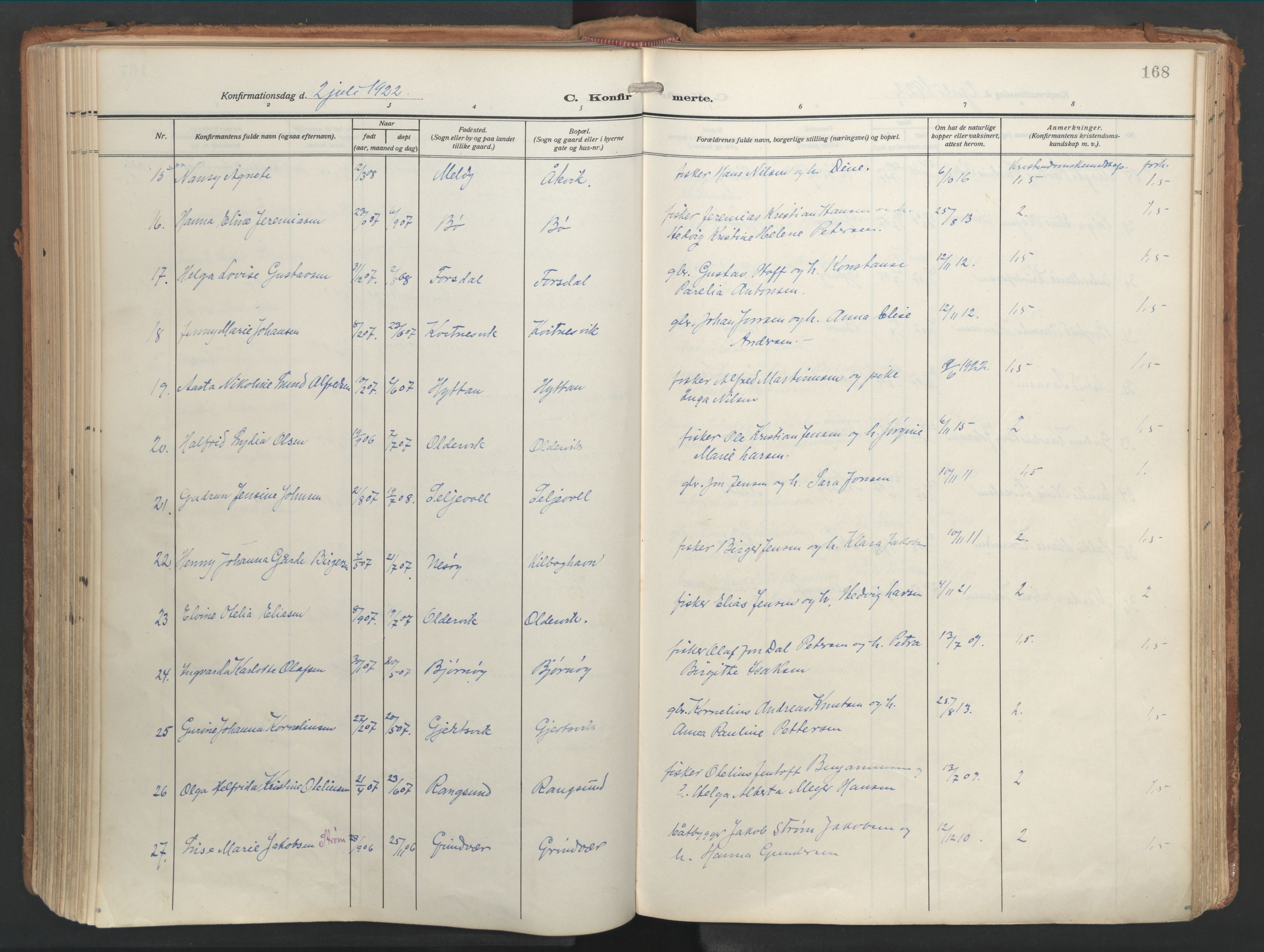 Ministerialprotokoller, klokkerbøker og fødselsregistre - Nordland, AV/SAT-A-1459/841/L0614: Parish register (official) no. 841A17, 1911-1925, p. 168