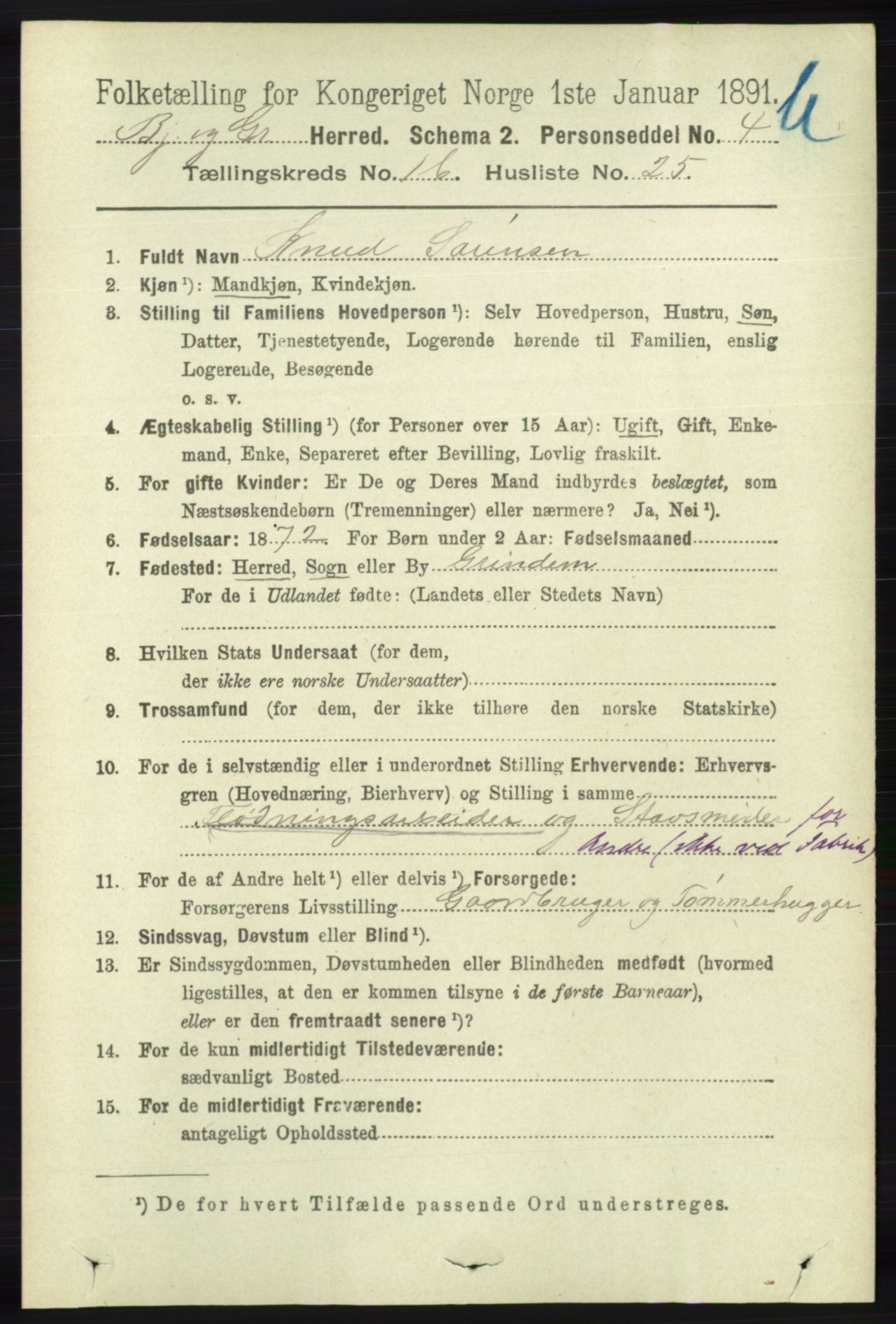 RA, 1891 census for 1024 Bjelland og Grindheim, 1891, p. 898