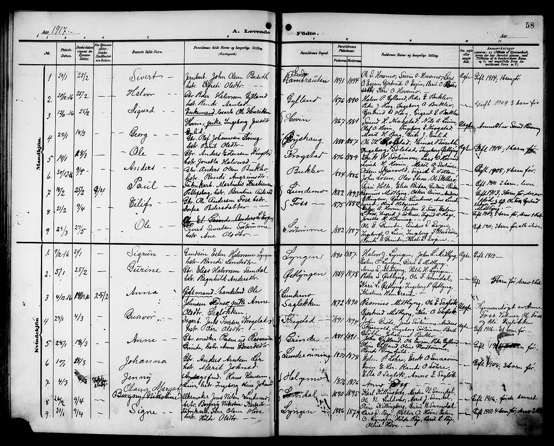 Ministerialprotokoller, klokkerbøker og fødselsregistre - Sør-Trøndelag, SAT/A-1456/692/L1112: Parish register (copy) no. 692C07, 1904-1918, p. 58