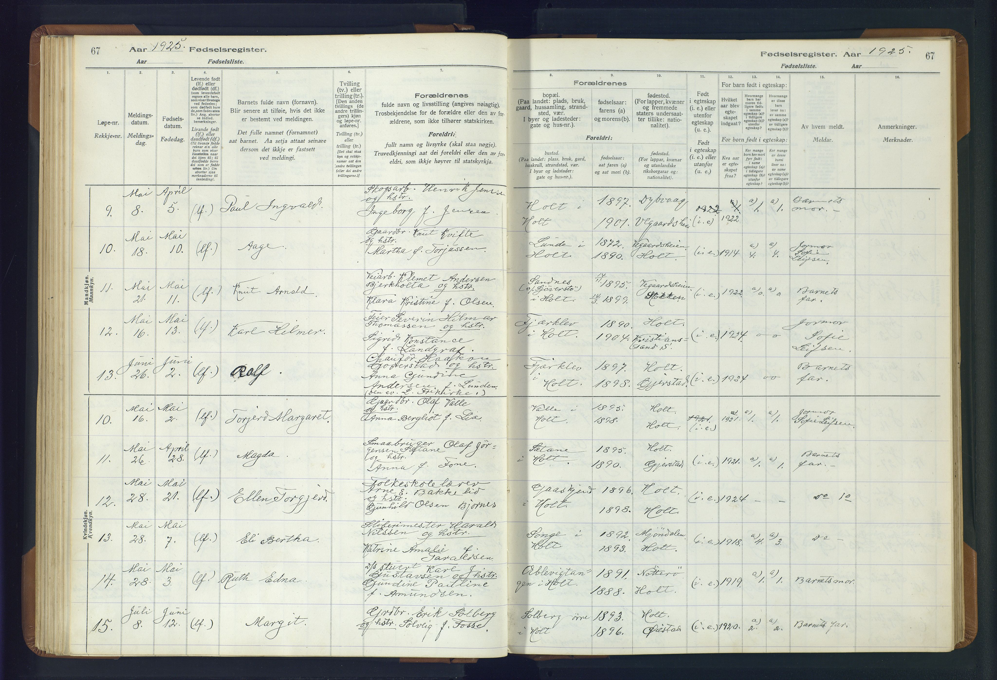 Holt sokneprestkontor, AV/SAK-1111-0021/J/Ja/L0001: Birth register no. II.4.1, 1916-1946, p. 67