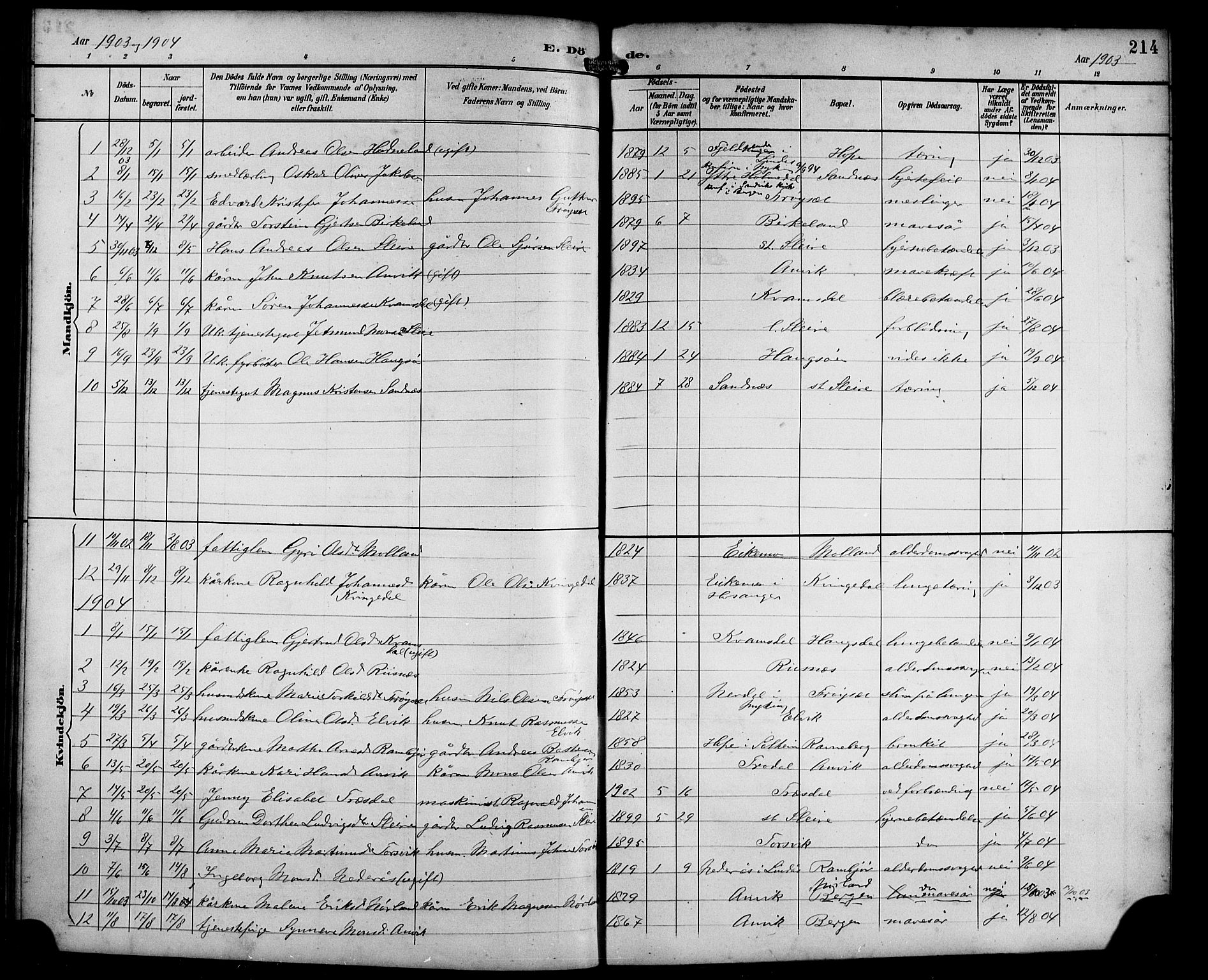 Masfjorden Sokneprestembete, SAB/A-77001: Parish register (copy) no. B 1, 1892-1913, p. 214