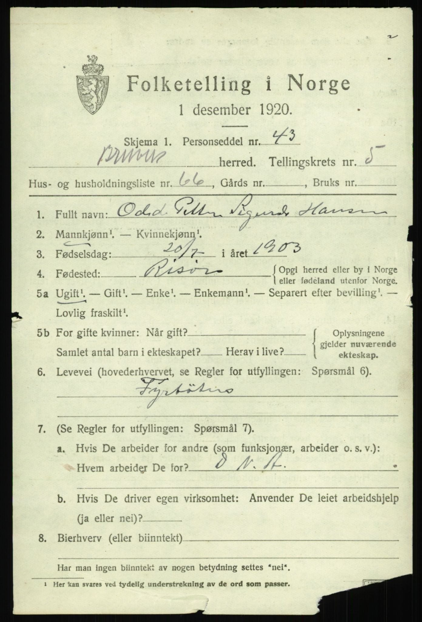 SAB, 1920 census for Bruvik, 1920, p. 3884