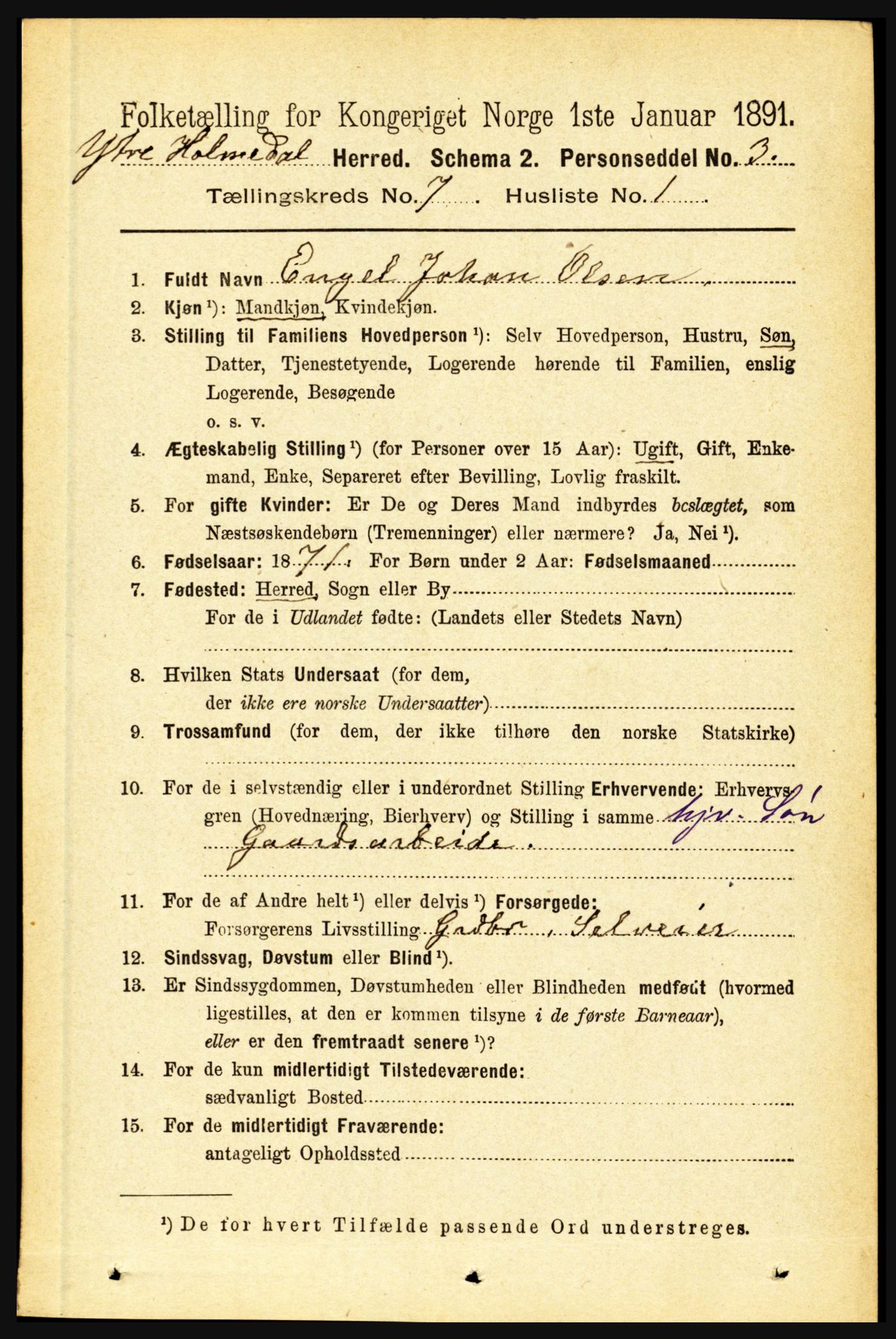 RA, 1891 census for 1429 Ytre Holmedal, 1891, p. 1593