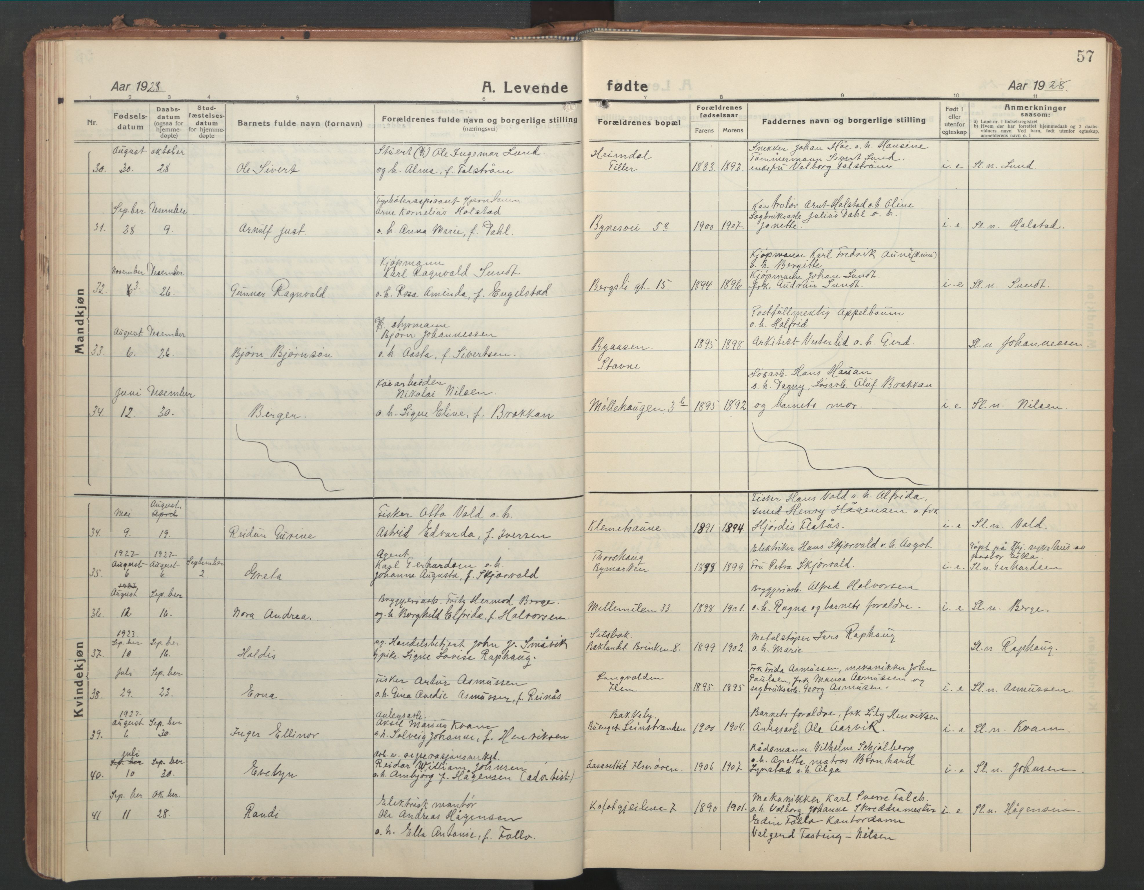 Ministerialprotokoller, klokkerbøker og fødselsregistre - Sør-Trøndelag, SAT/A-1456/603/L0174: Parish register (copy) no. 603C02, 1923-1951, p. 57