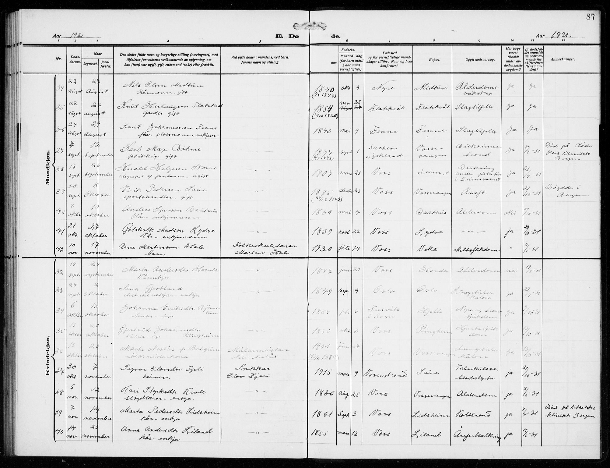 Voss sokneprestembete, SAB/A-79001/H/Hab: Parish register (copy) no. F  2, 1913-1932, p. 87