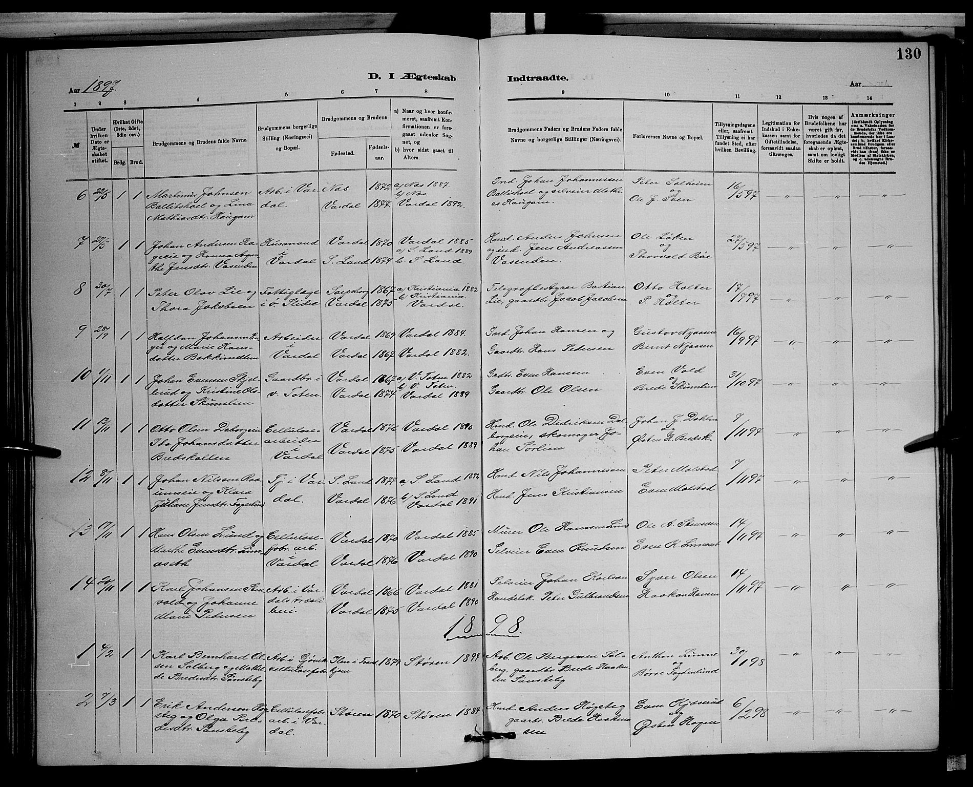Vardal prestekontor, SAH/PREST-100/H/Ha/Hab/L0008: Parish register (copy) no. 8, 1881-1898, p. 130