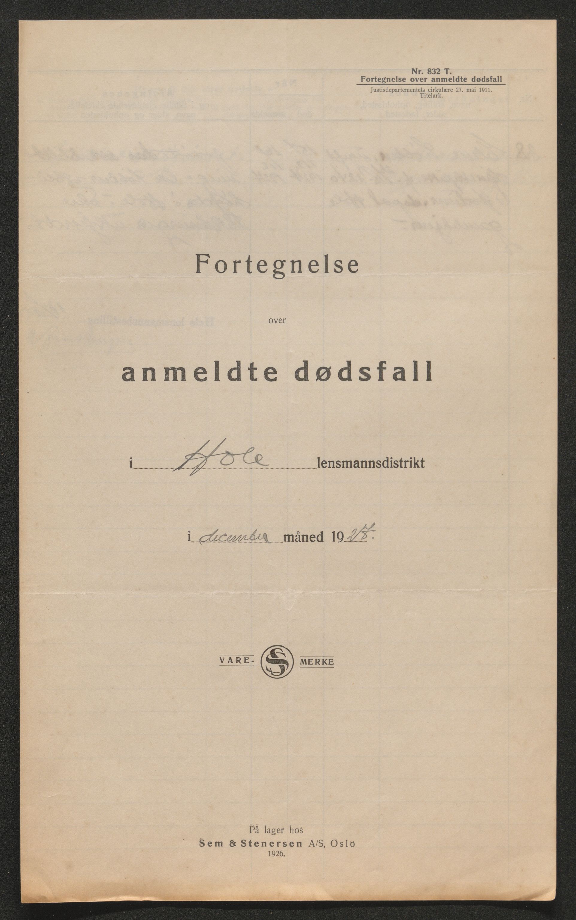 Ringerike sorenskriveri, AV/SAKO-A-105/H/Ha/Hab/L0021: Dødsfallslister Hole, 1926-1932