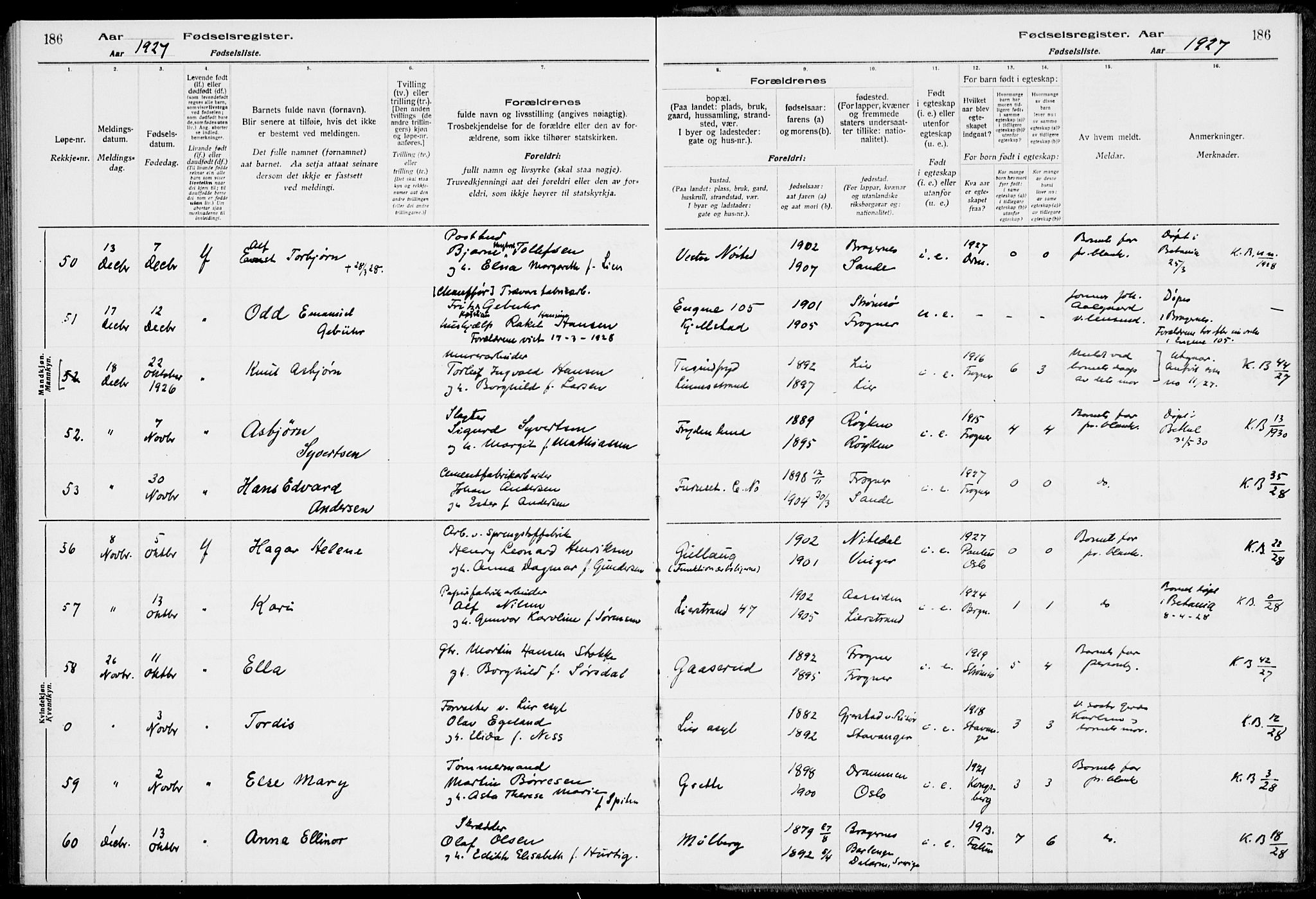 Lier kirkebøker, AV/SAKO-A-230/J/Ja/L0001: Birth register no. 1, 1916-1928, p. 186