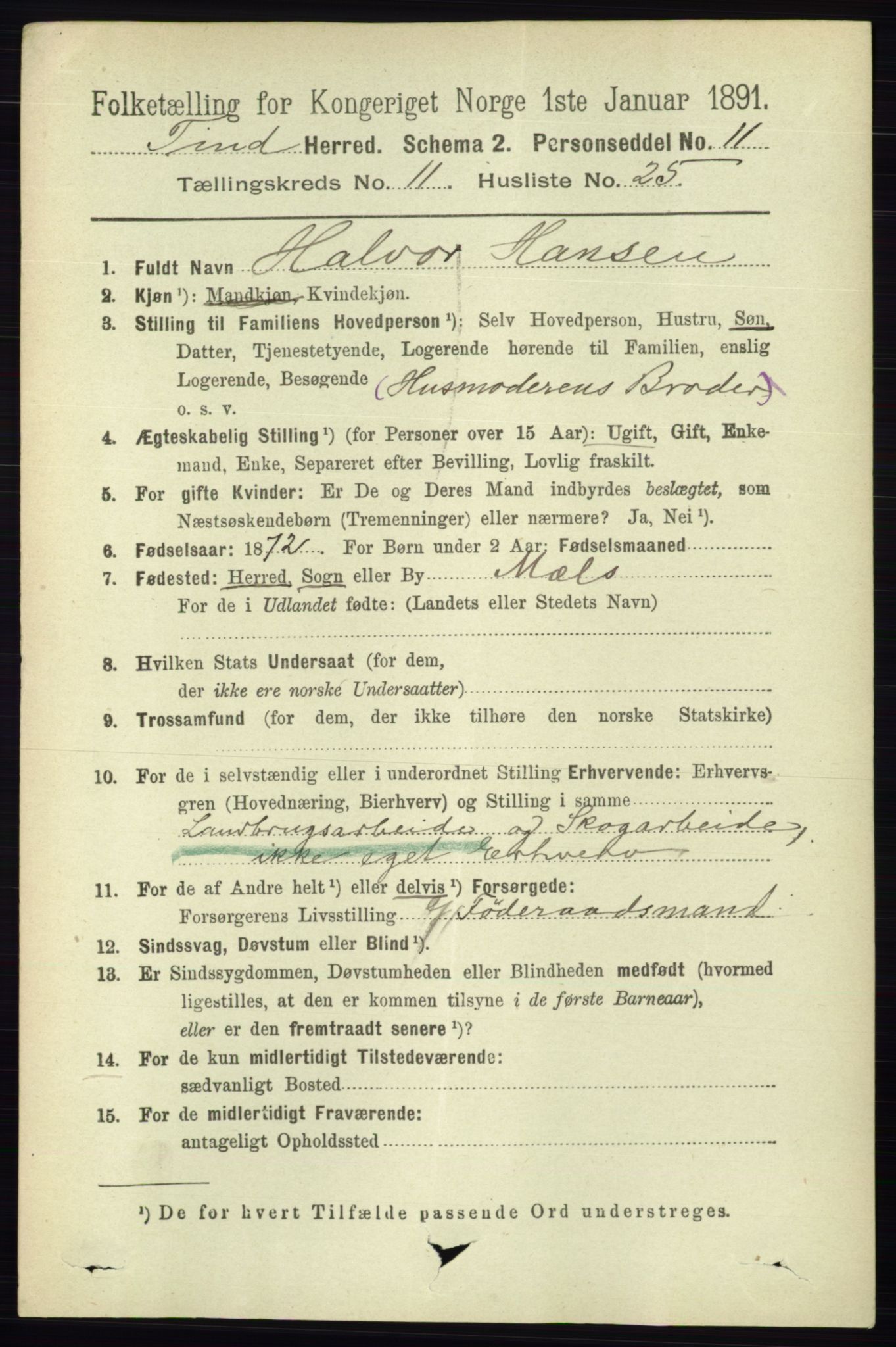 RA, 1891 census for 0826 Tinn, 1891, p. 2259