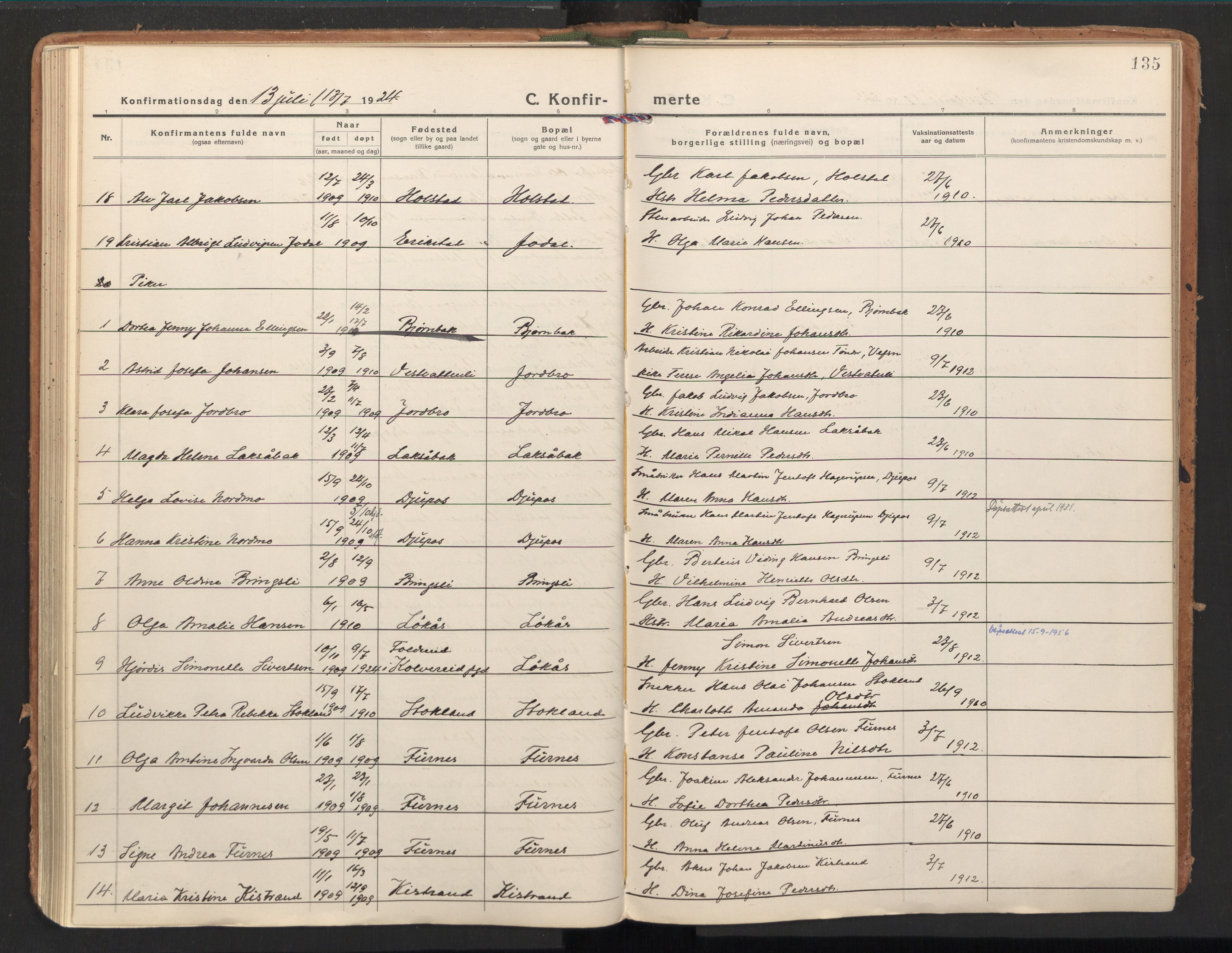 Ministerialprotokoller, klokkerbøker og fødselsregistre - Nordland, AV/SAT-A-1459/851/L0725: Parish register (official) no. 851A02, 1922-1944, p. 135