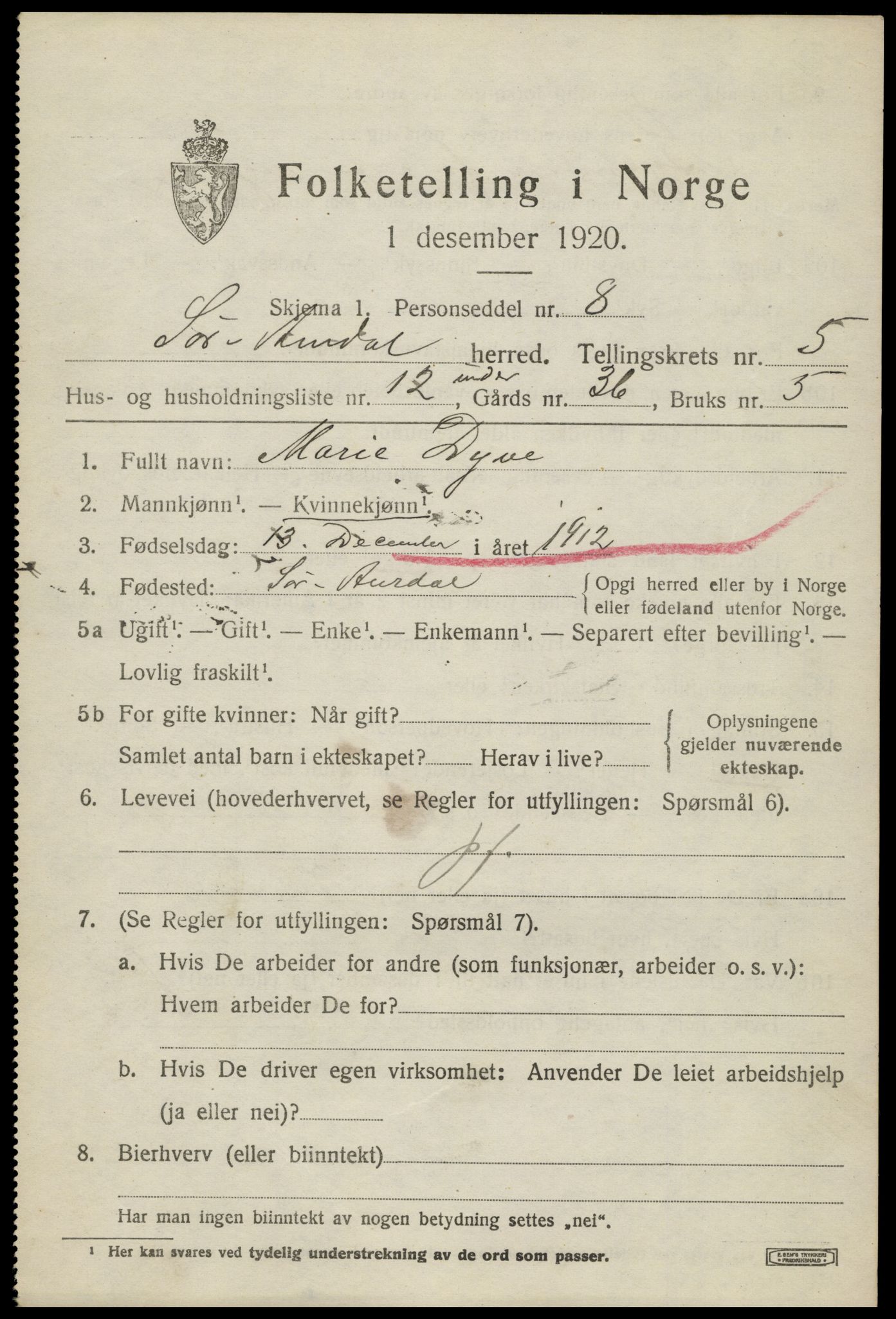 SAH, 1920 census for Sør-Aurdal, 1920, p. 2885