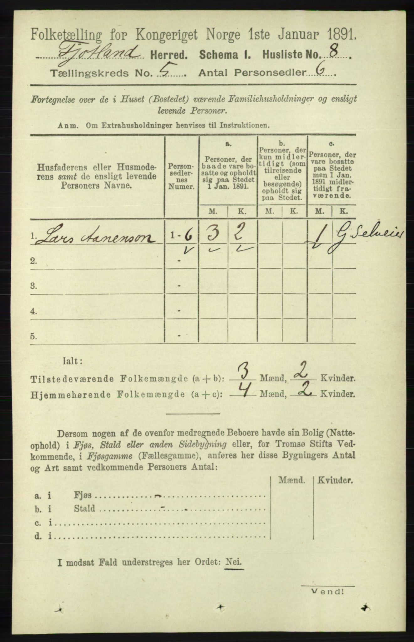 RA, 1891 census for 1036 Fjotland, 1891, p. 706