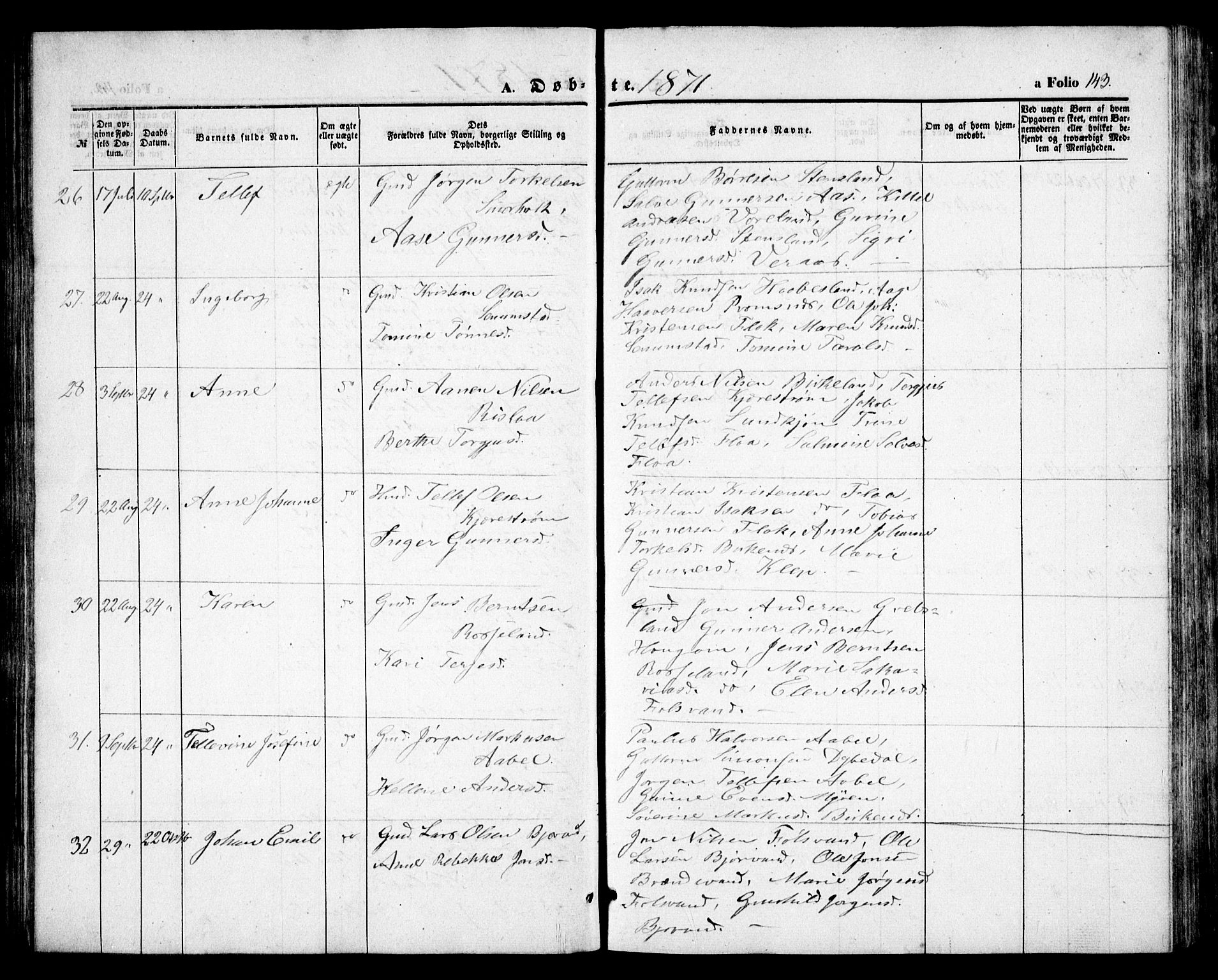 Birkenes sokneprestkontor, AV/SAK-1111-0004/F/Fb/L0002: Parish register (copy) no. B 2, 1849-1876, p. 143