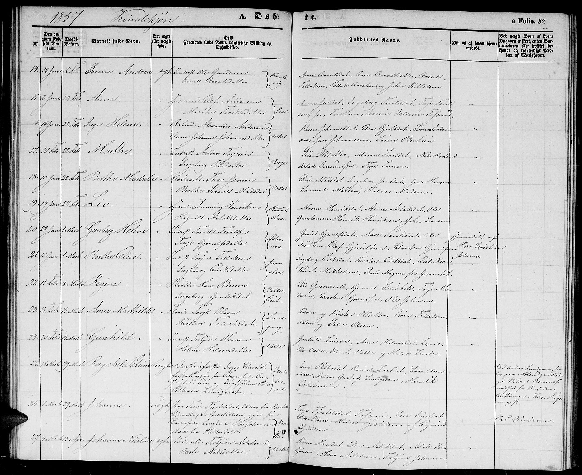 Holt sokneprestkontor, AV/SAK-1111-0021/F/Fb/L0007: Parish register (copy) no. B 7, 1849-1858, p. 82