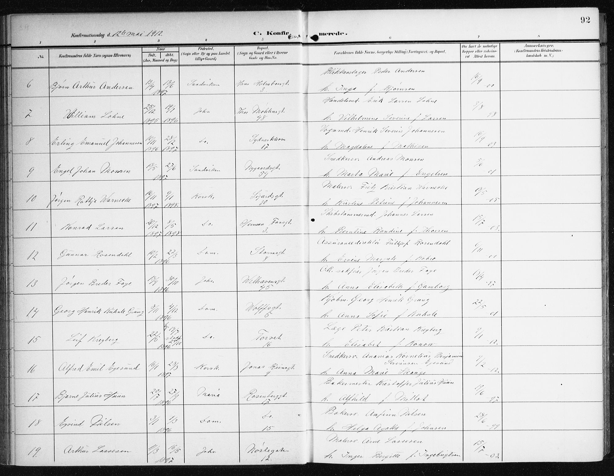 Johanneskirken sokneprestembete, AV/SAB-A-76001/H/Haa/L0009: Parish register (official) no. C 2, 1907-1924, p. 92