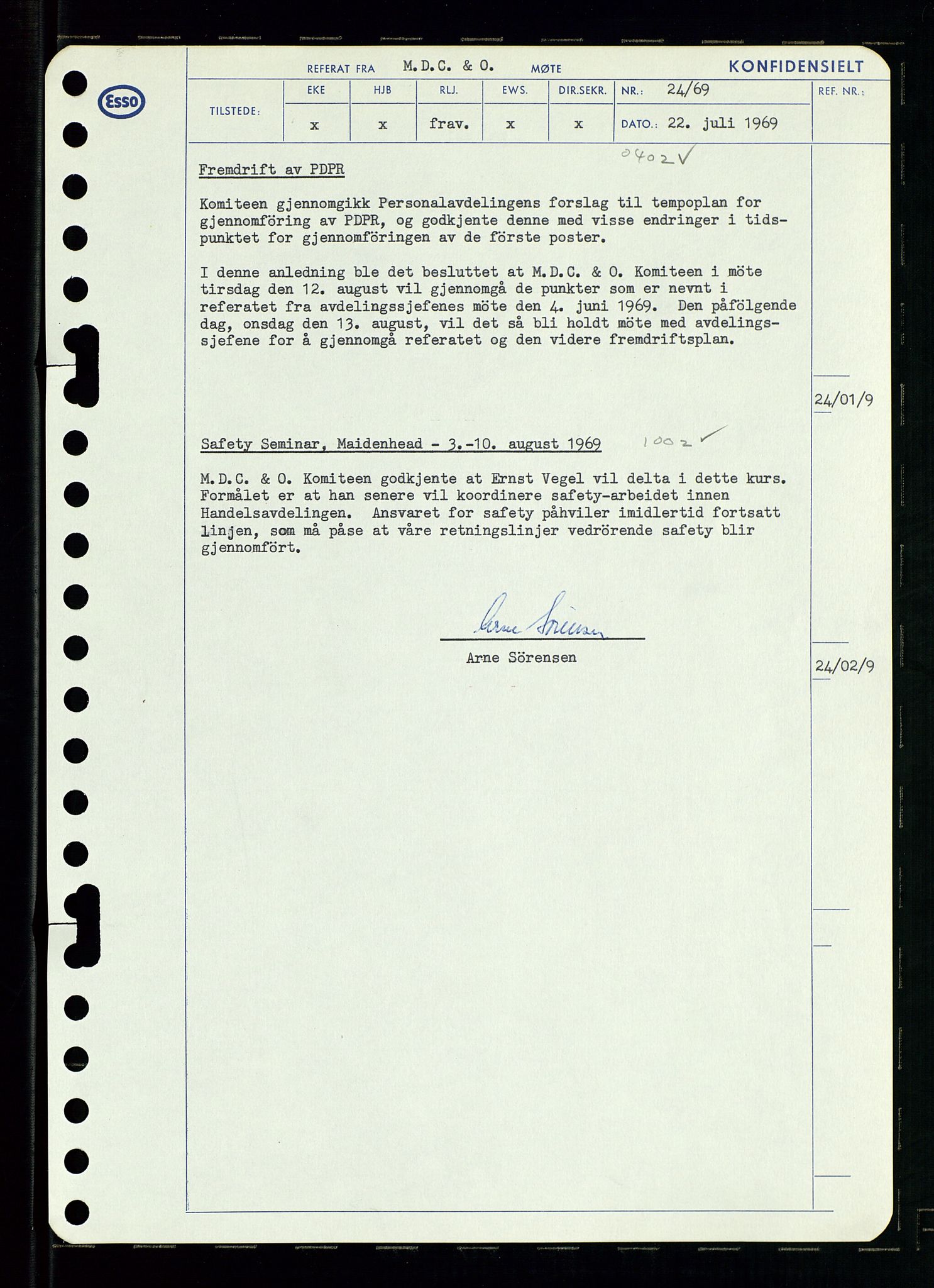 Pa 0982 - Esso Norge A/S, AV/SAST-A-100448/A/Aa/L0003/0001: Den administrerende direksjon Board minutes (styrereferater) og Bedriftforsamlingsprotokoll / Den administrerende direksjon Board minutes (styrereferater), 1969, p. 165