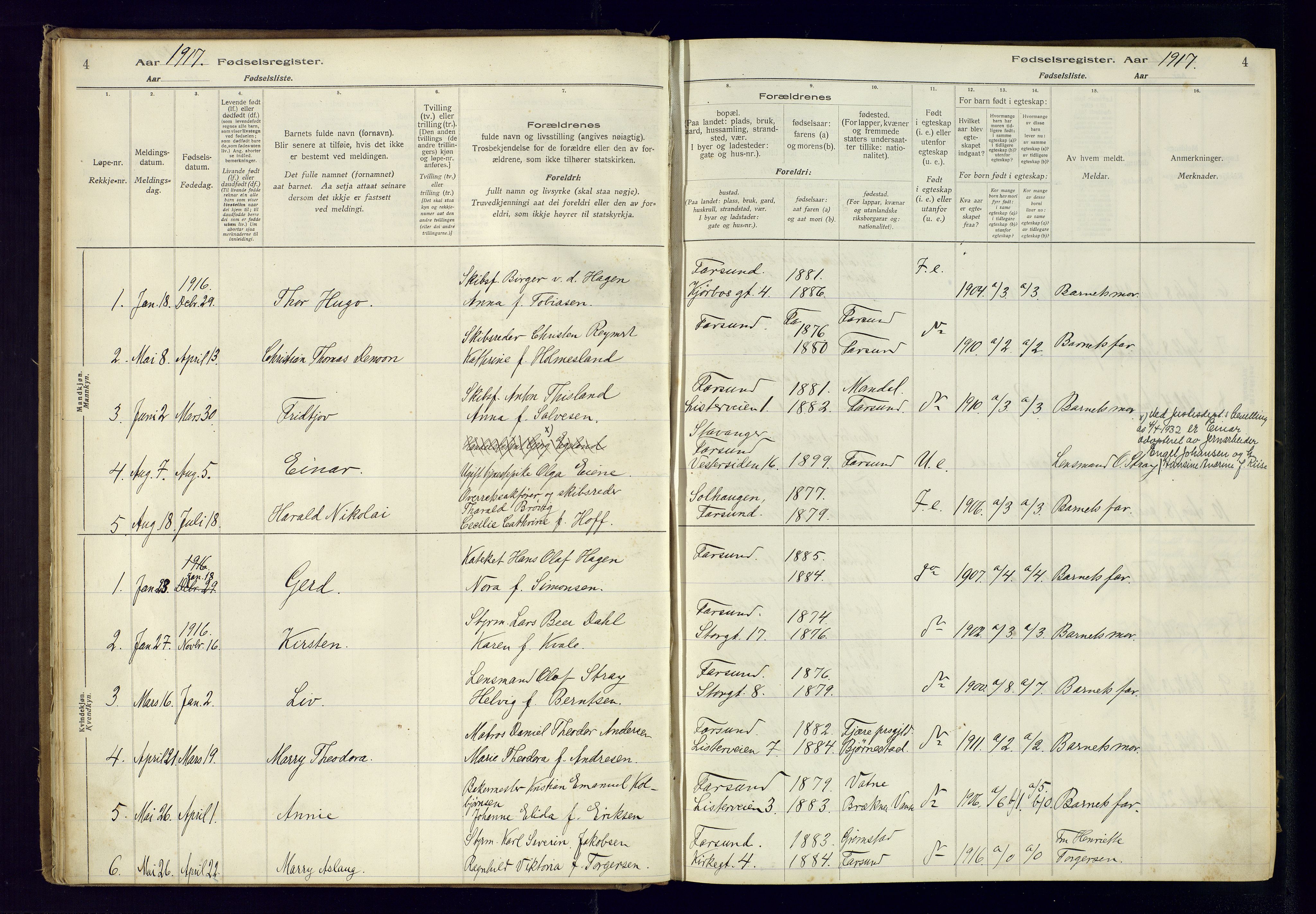 Farsund sokneprestkontor, AV/SAK-1111-0009/J/Ja/L0001: Birth register no. A-VI-8, 1916-1950, p. 4