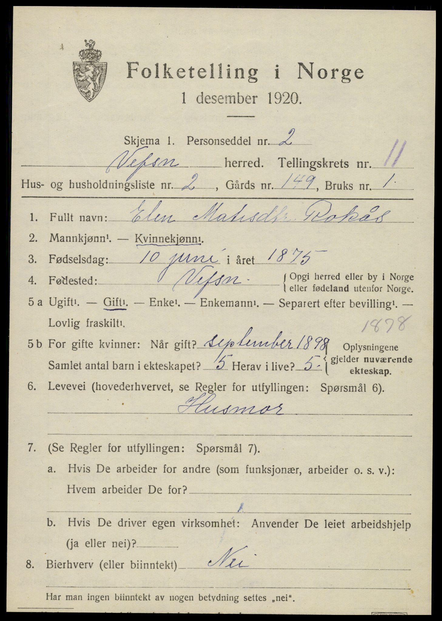 SAT, 1920 census for Vefsn, 1920, p. 8369