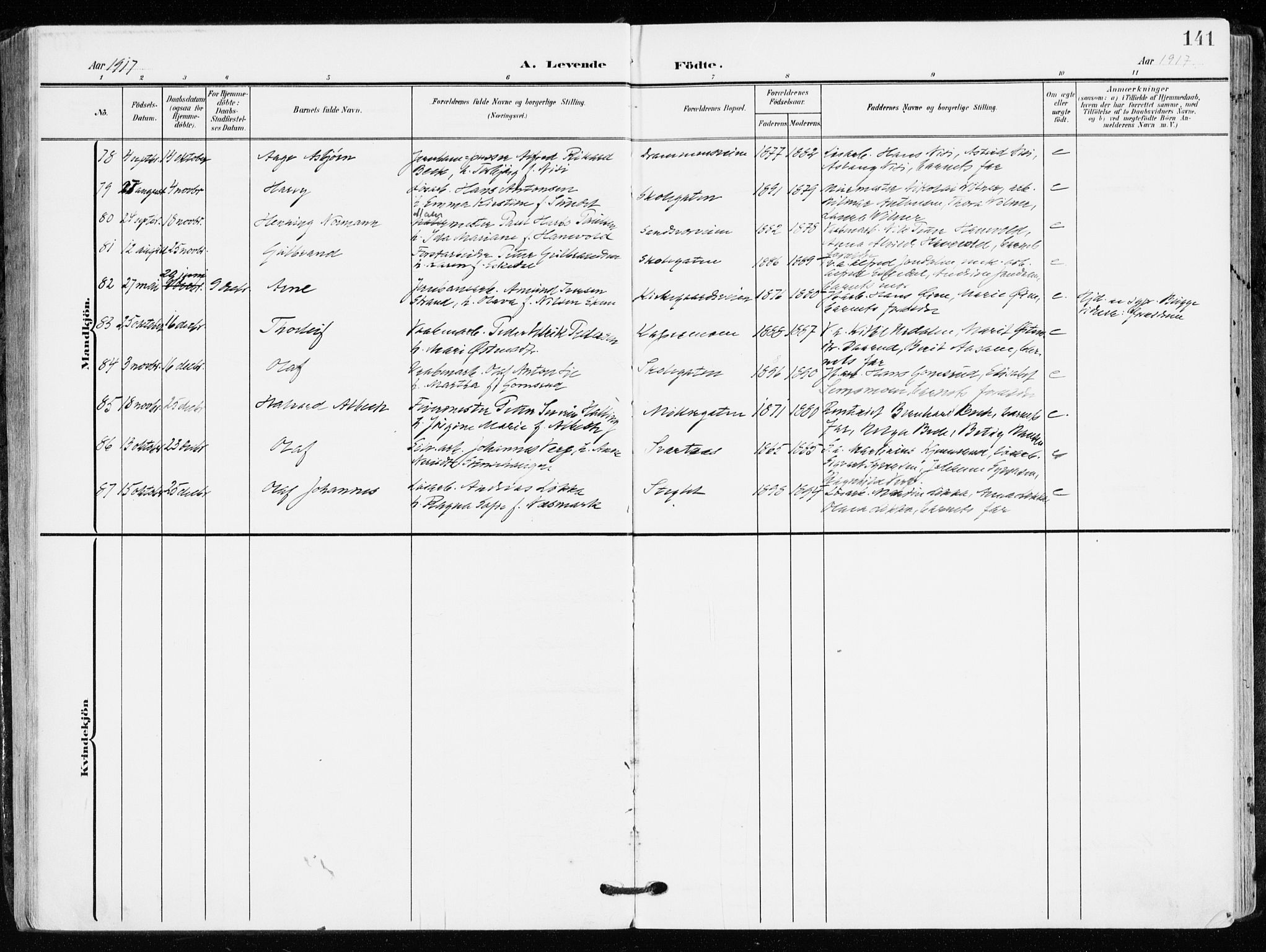 Kongsberg kirkebøker, AV/SAKO-A-22/F/Fb/L0004: Parish register (official) no. II 4, 1906-1918, p. 141