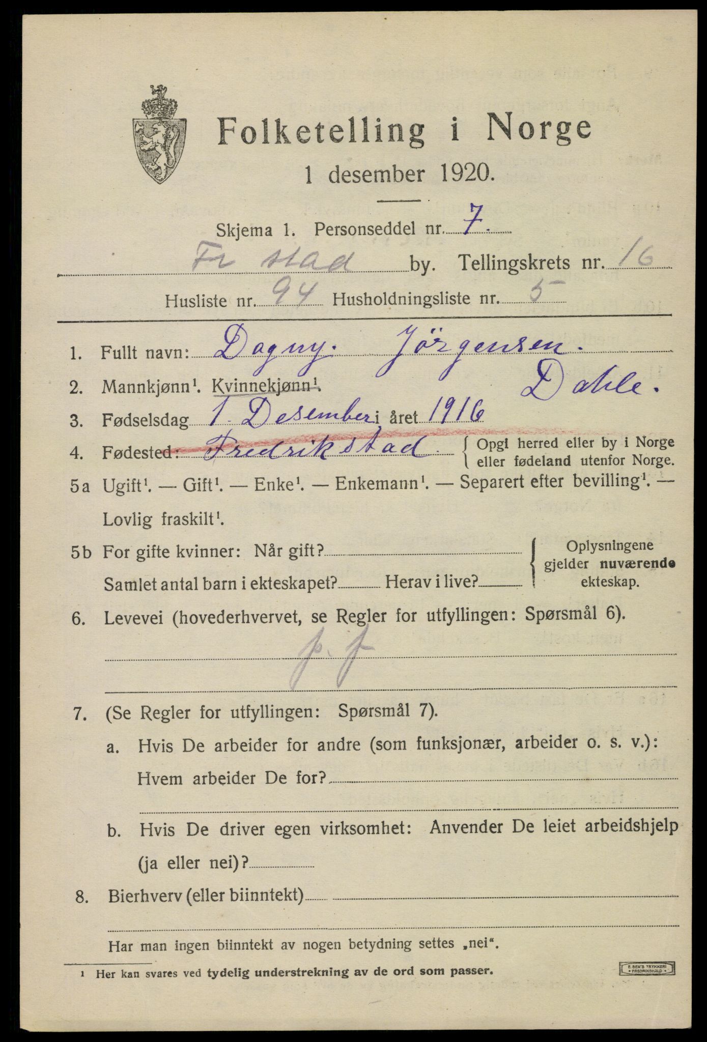 SAO, 1920 census for Fredrikstad, 1920, p. 38917