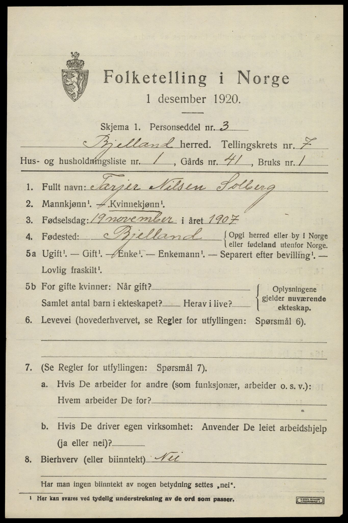 SAK, 1920 census for Bjelland, 1920, p. 2061