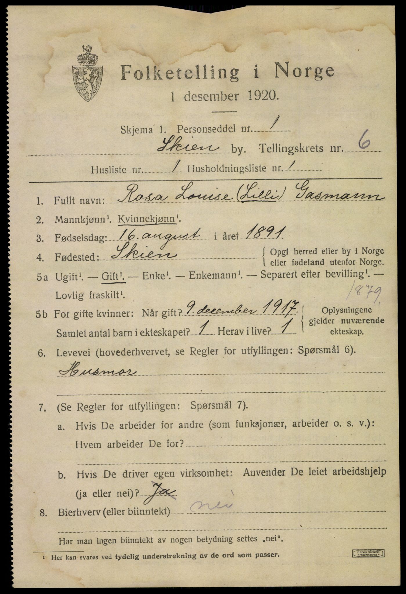 SAKO, 1920 census for Skien, 1920, p. 21826