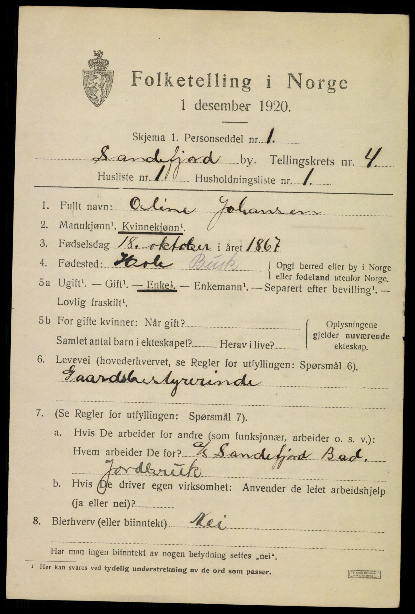 SAKO, 1920 census for Sandefjord, 1920, p. 7826