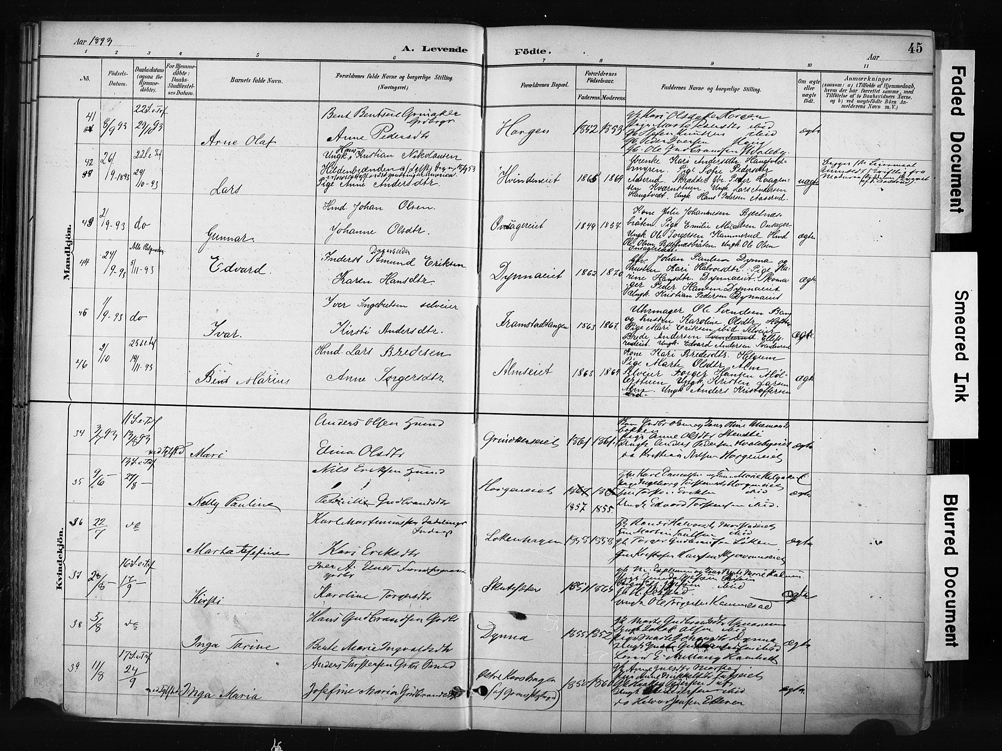 Gran prestekontor, SAH/PREST-112/H/Ha/Haa/L0017: Parish register (official) no. 17, 1889-1897, p. 45