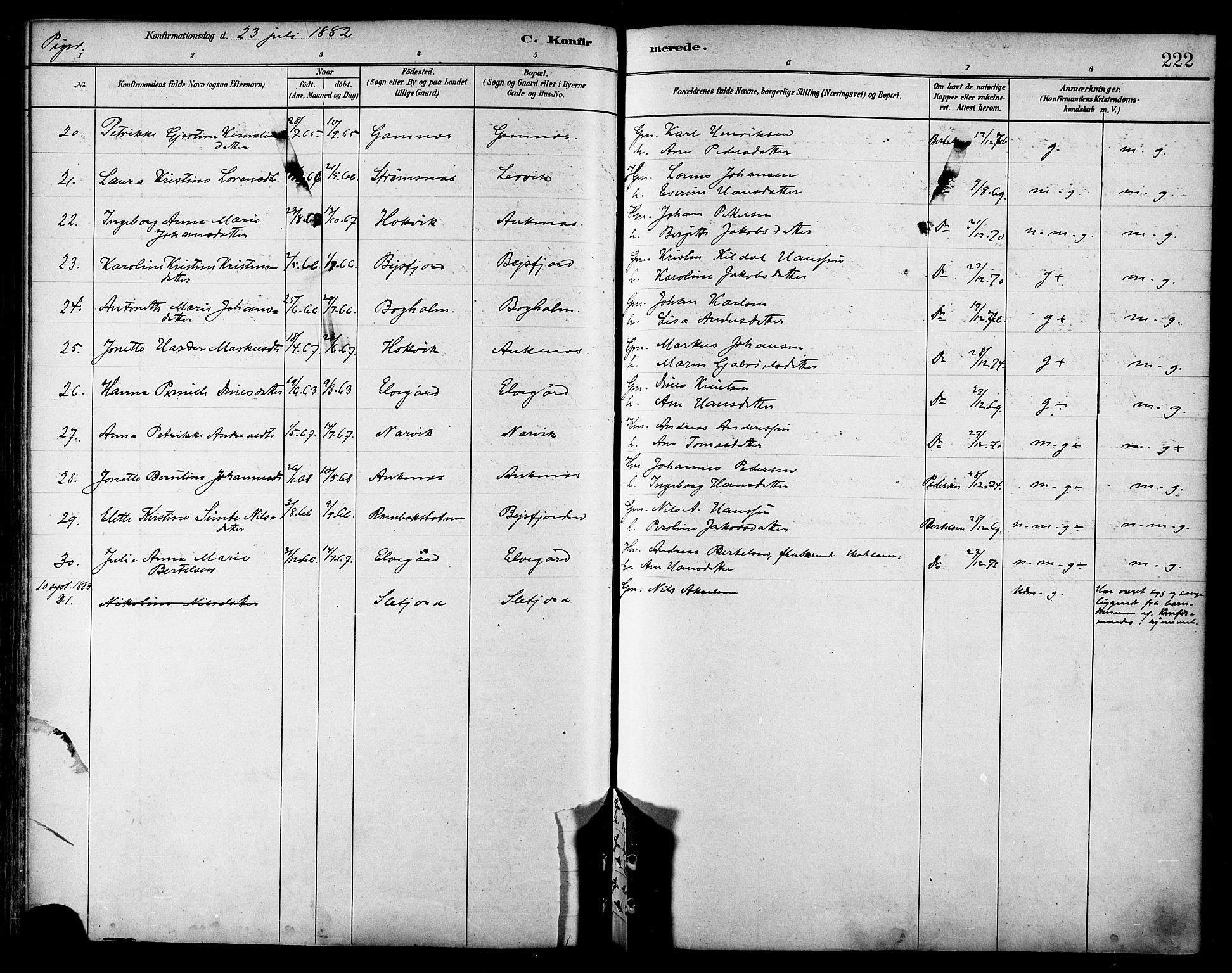 Ministerialprotokoller, klokkerbøker og fødselsregistre - Nordland, AV/SAT-A-1459/866/L0938: Parish register (official) no. 866A01, 1879-1893, p. 222