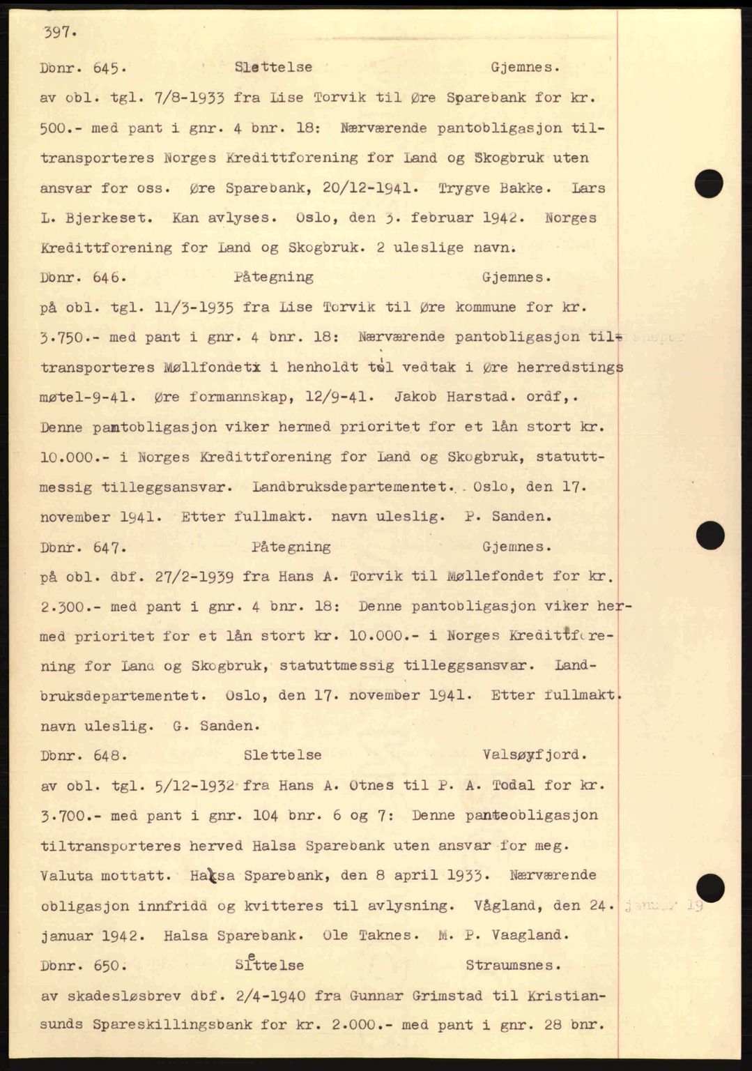 Nordmøre sorenskriveri, AV/SAT-A-4132/1/2/2Ca: Mortgage book no. C81, 1940-1945, Diary no: : 645/1942