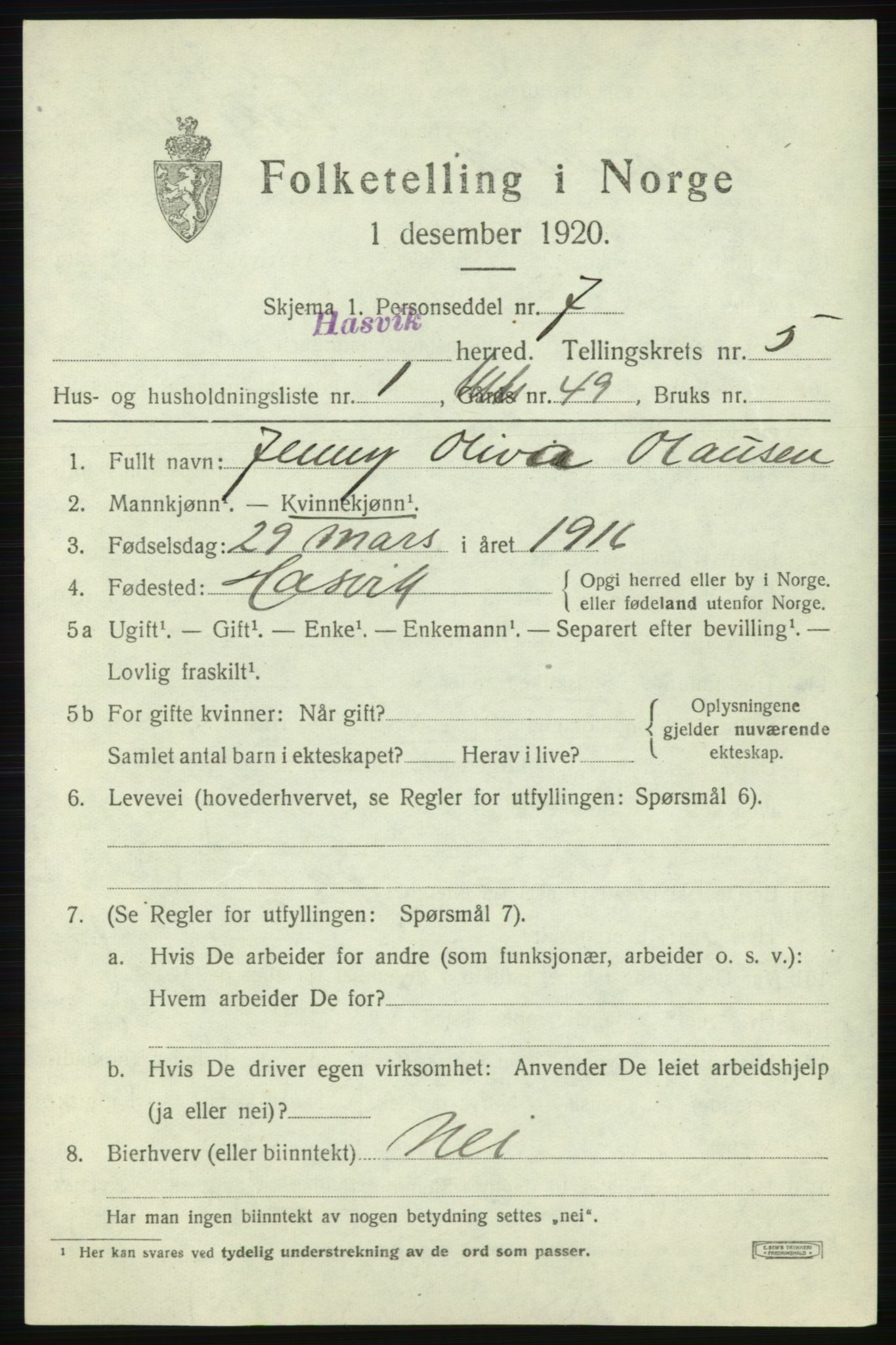 SATØ, 1920 census for Hasvik, 1920, p. 2319