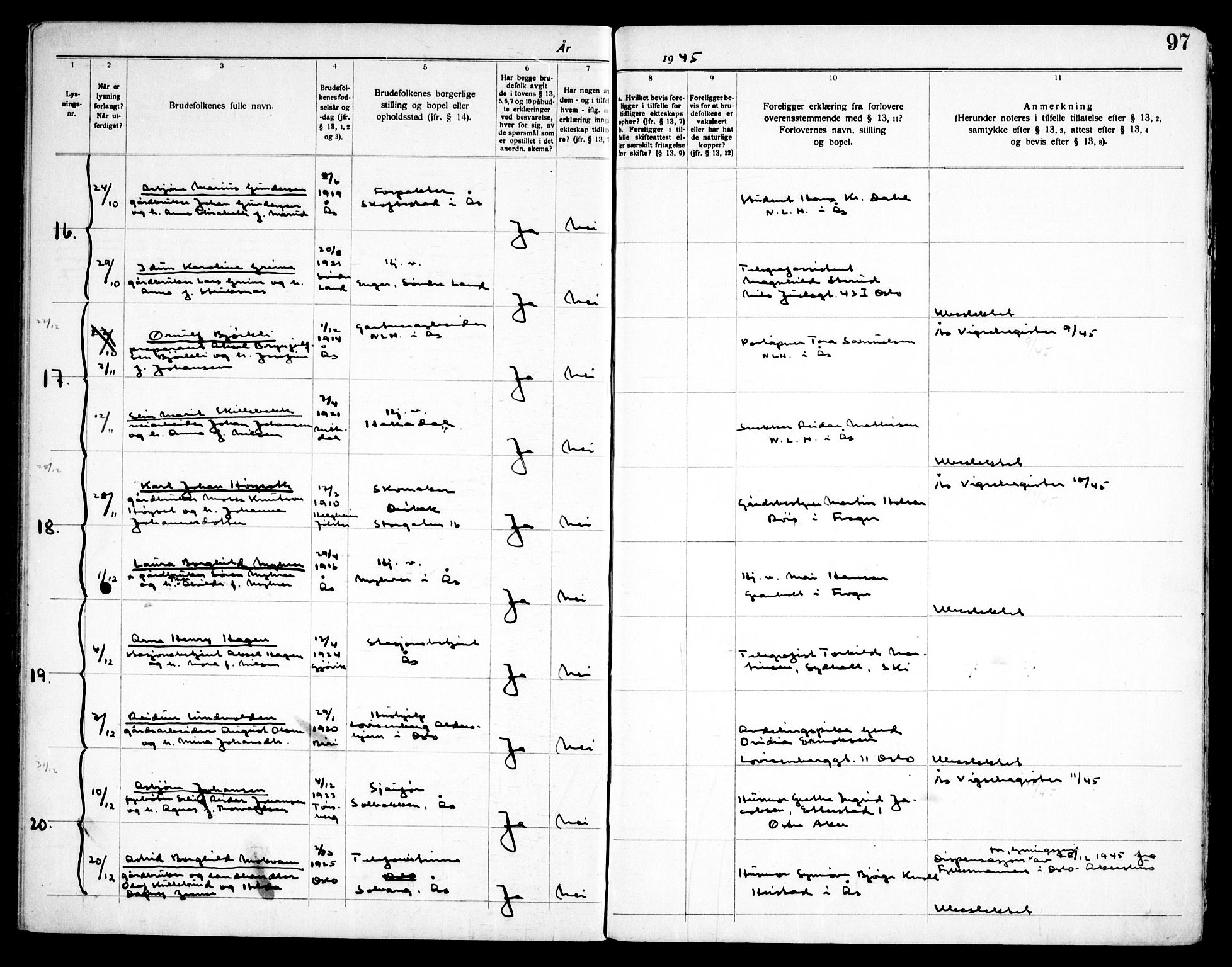 Ås prestekontor Kirkebøker, AV/SAO-A-10894/H/Ha/L0001: Banns register no. 1, 1919-1946, p. 97