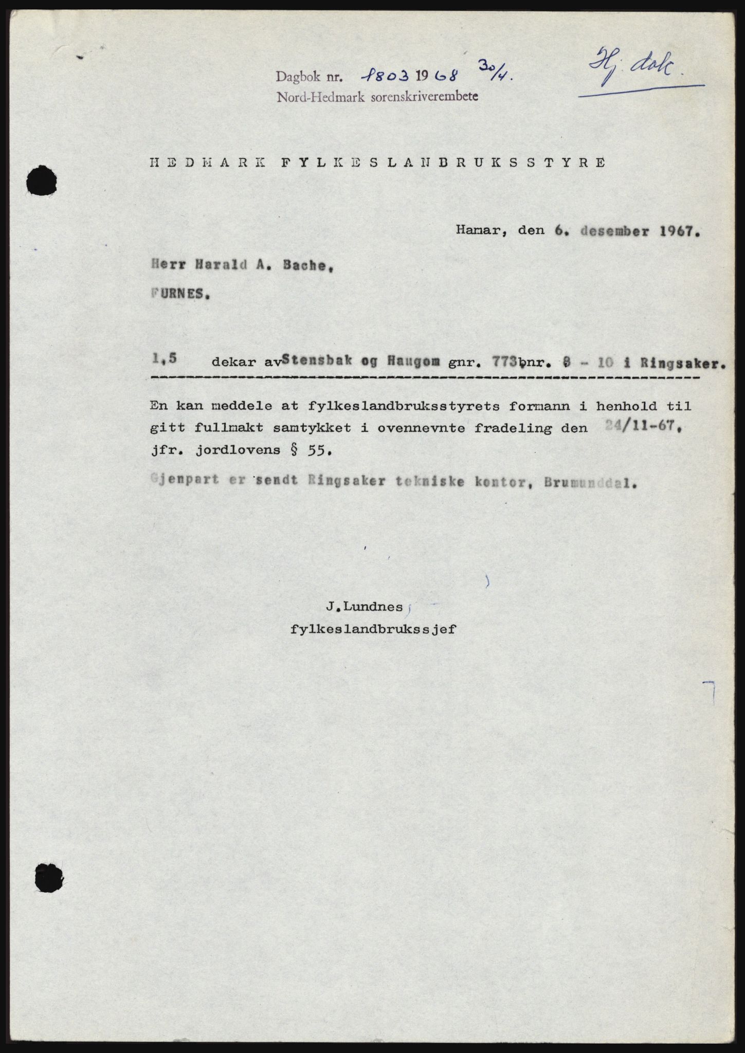 Nord-Hedmark sorenskriveri, SAH/TING-012/H/Hc/L0027: Mortgage book no. 27, 1967-1968, Diary no: : 1803/1968