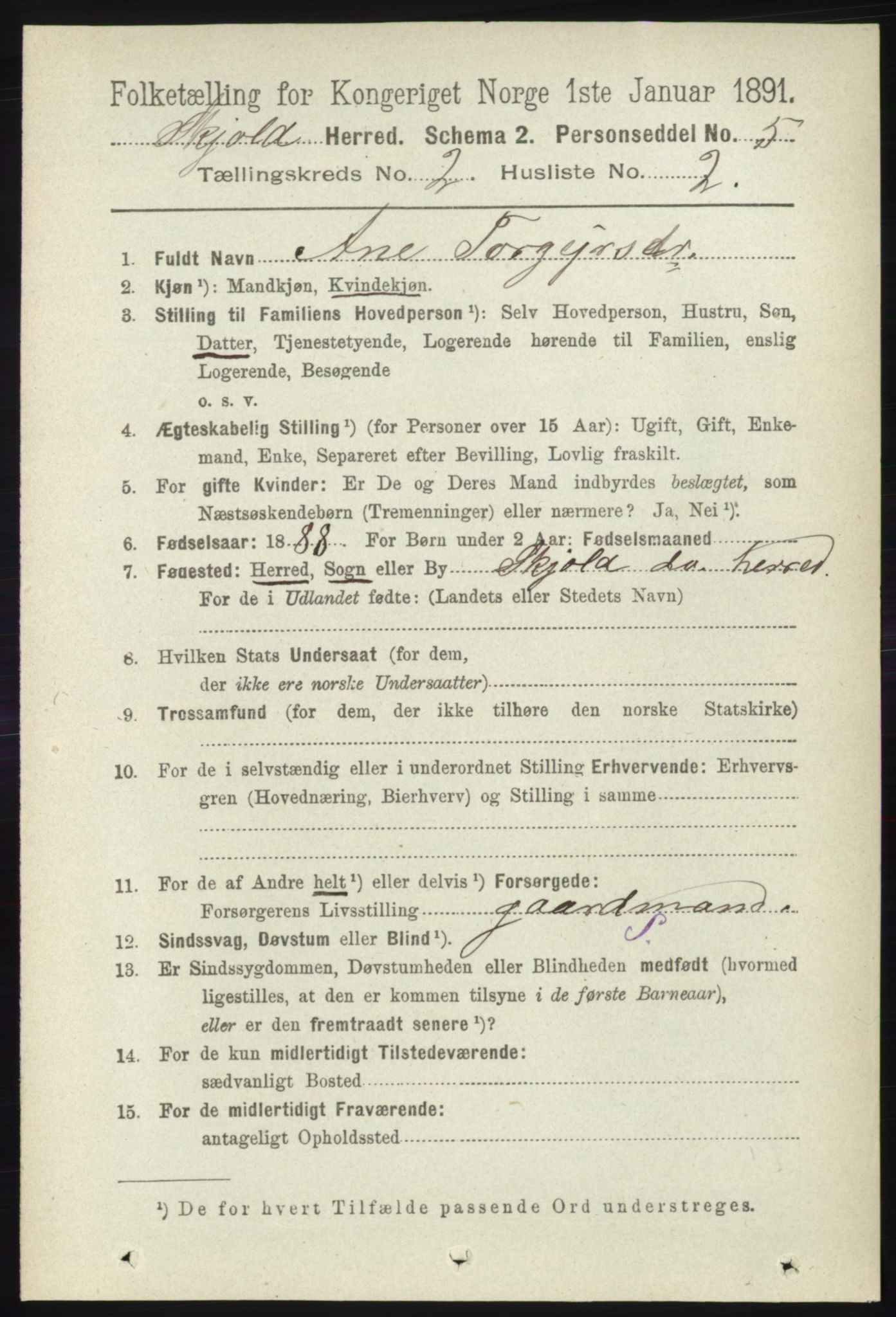 RA, 1891 census for 1154 Skjold, 1891, p. 291