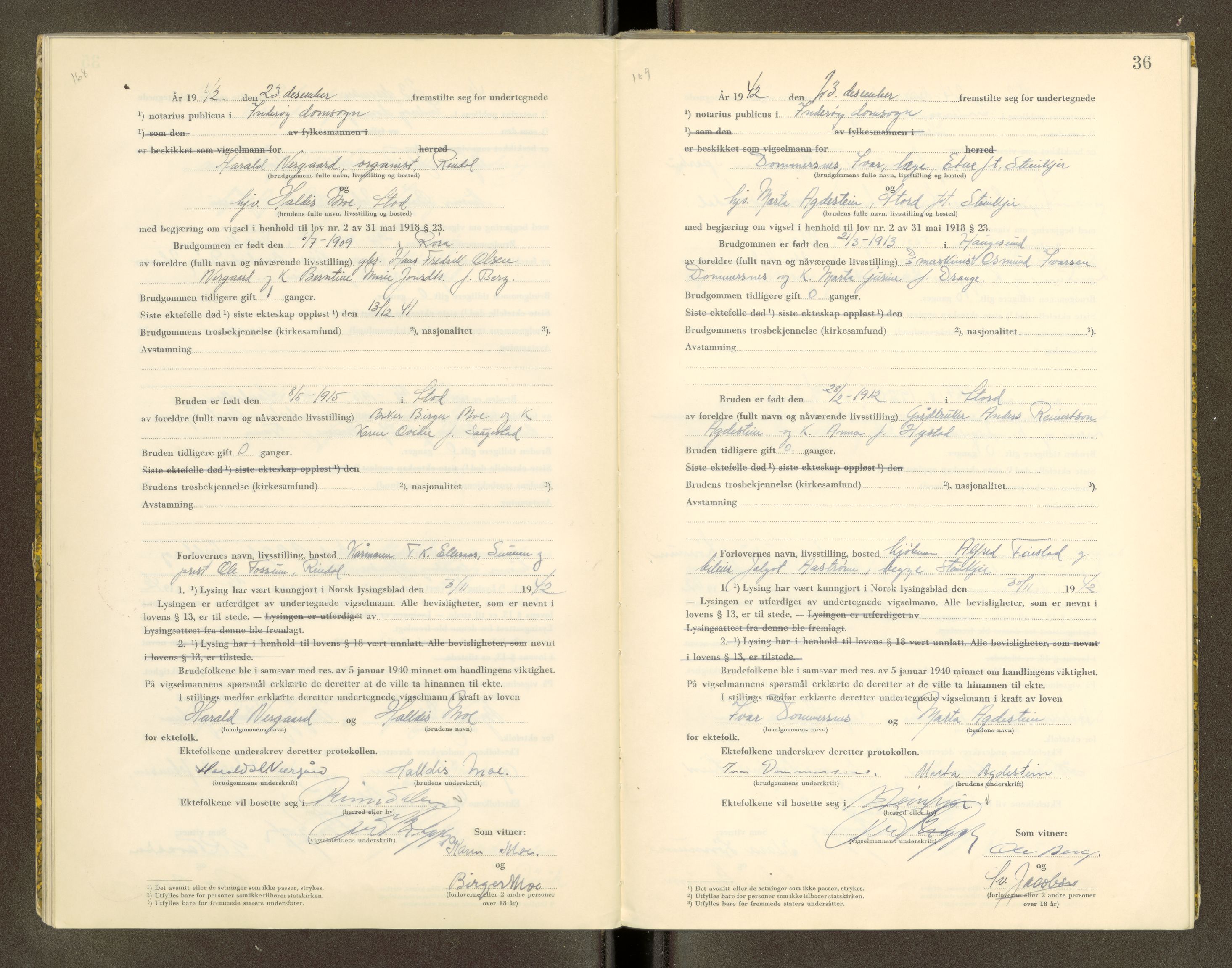 Inderøy sorenskriveri, AV/SAT-A-4147/1/6/6D/L0002: Vigselbok, 1942-1943, p. 36