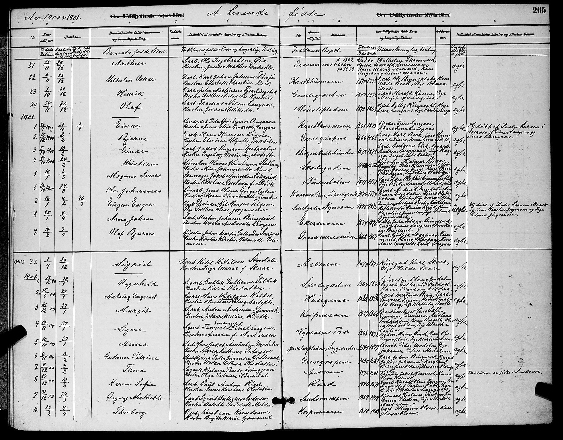 Kongsberg kirkebøker, AV/SAKO-A-22/G/Ga/L0006: Parish register (copy) no. 6, 1890-1901, p. 265